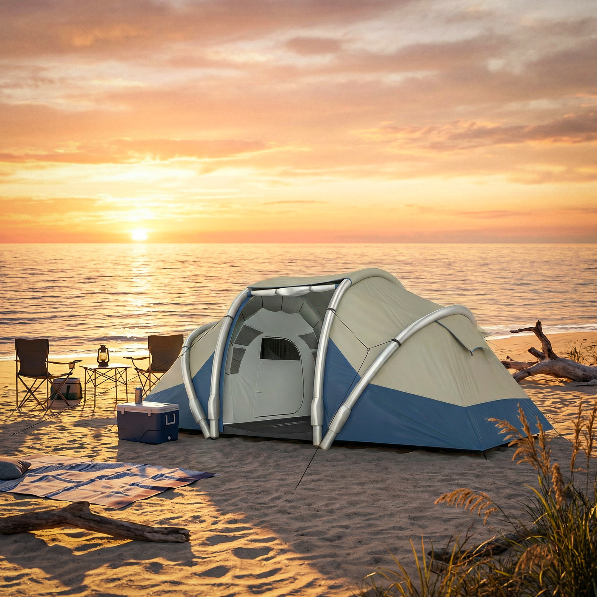 aufblasbares Zelt 4 Personen Schneller Aufbau Outdoor Camping Zelt mit 2 Schlafzimmer Mesh Fenster Vordach