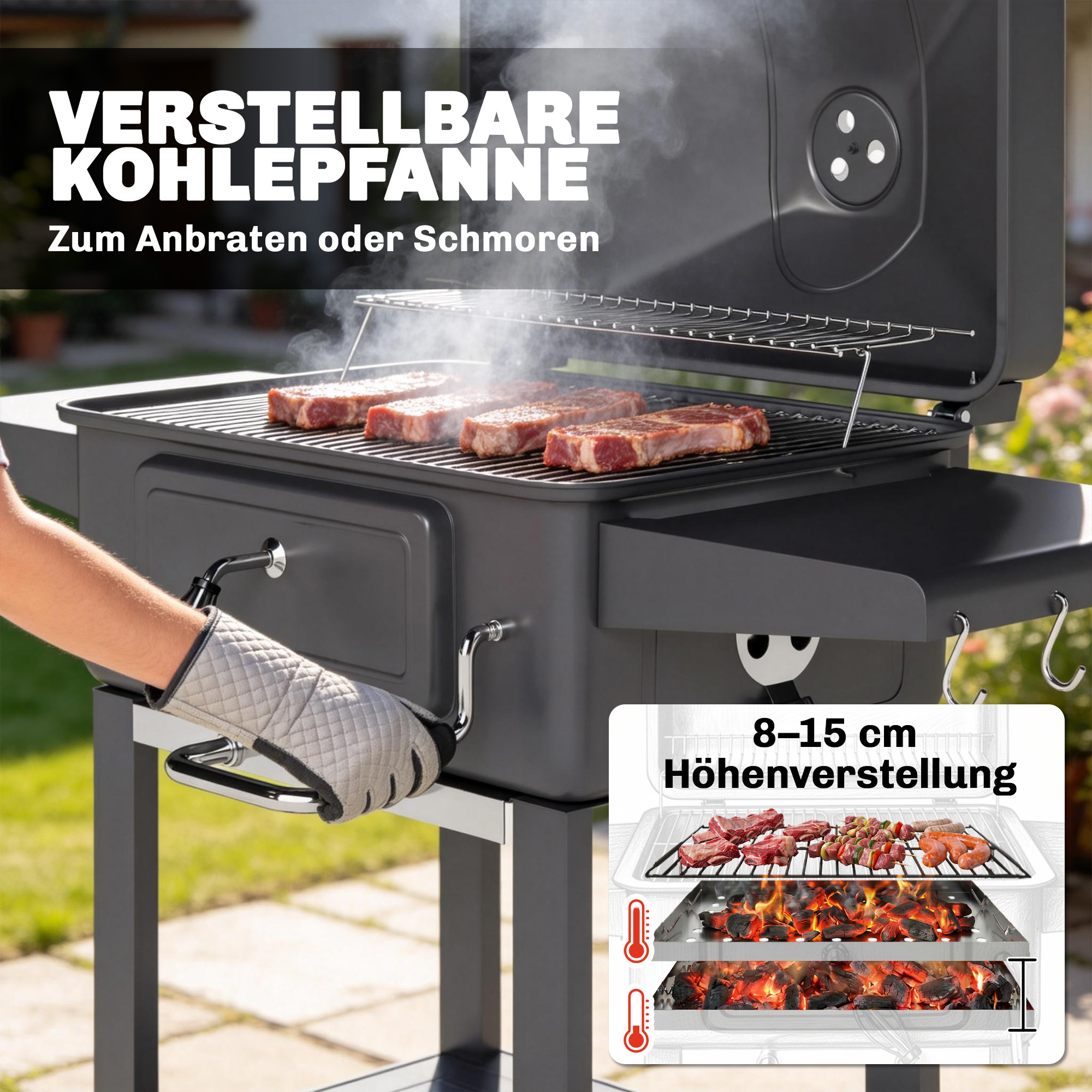 Holzkohlegrill BBQ Smoker mit Deckel Thermometer höhenverstellbar Kohlepfanne Grillrost Seitentisch Aschefach
