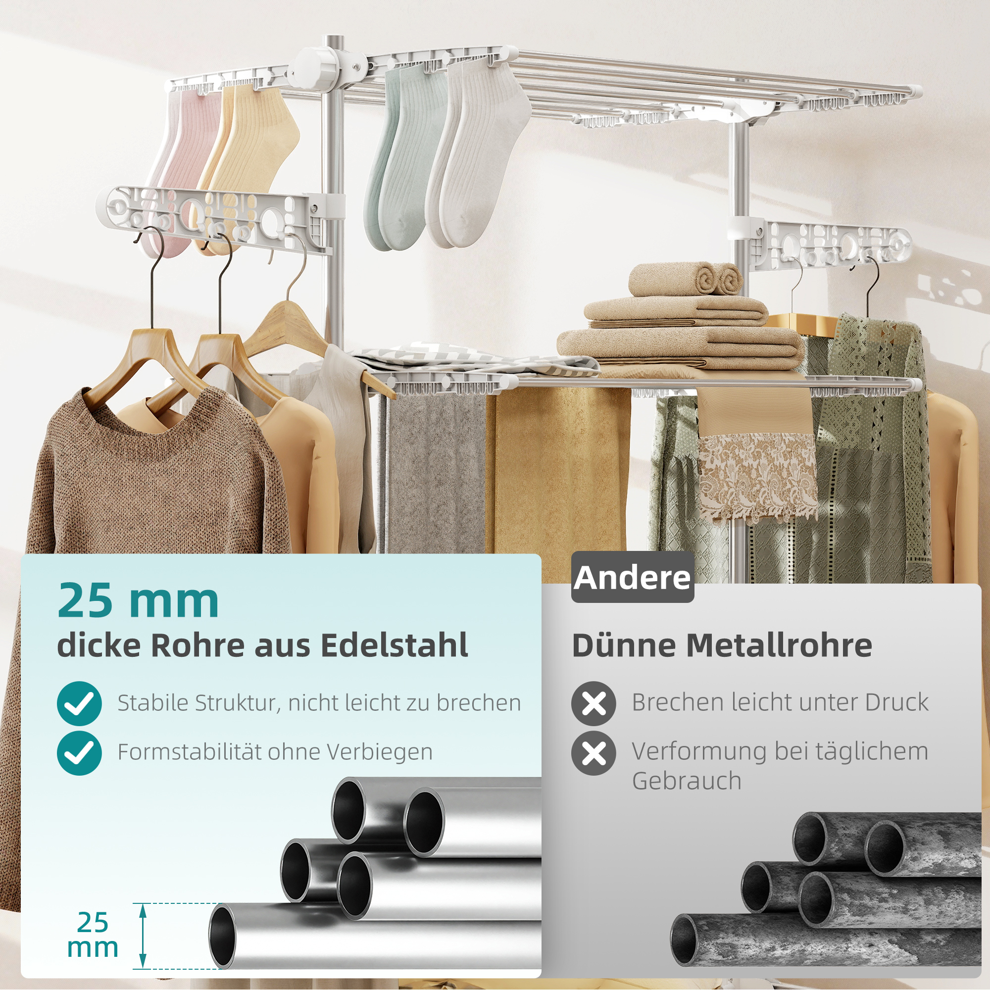 Mobiler Wäscheständer mit Rollen, 4 Ebenen, klappbar, Edelstahl, rostfrei, weiß+silber, 142 x 55 x 172 cm