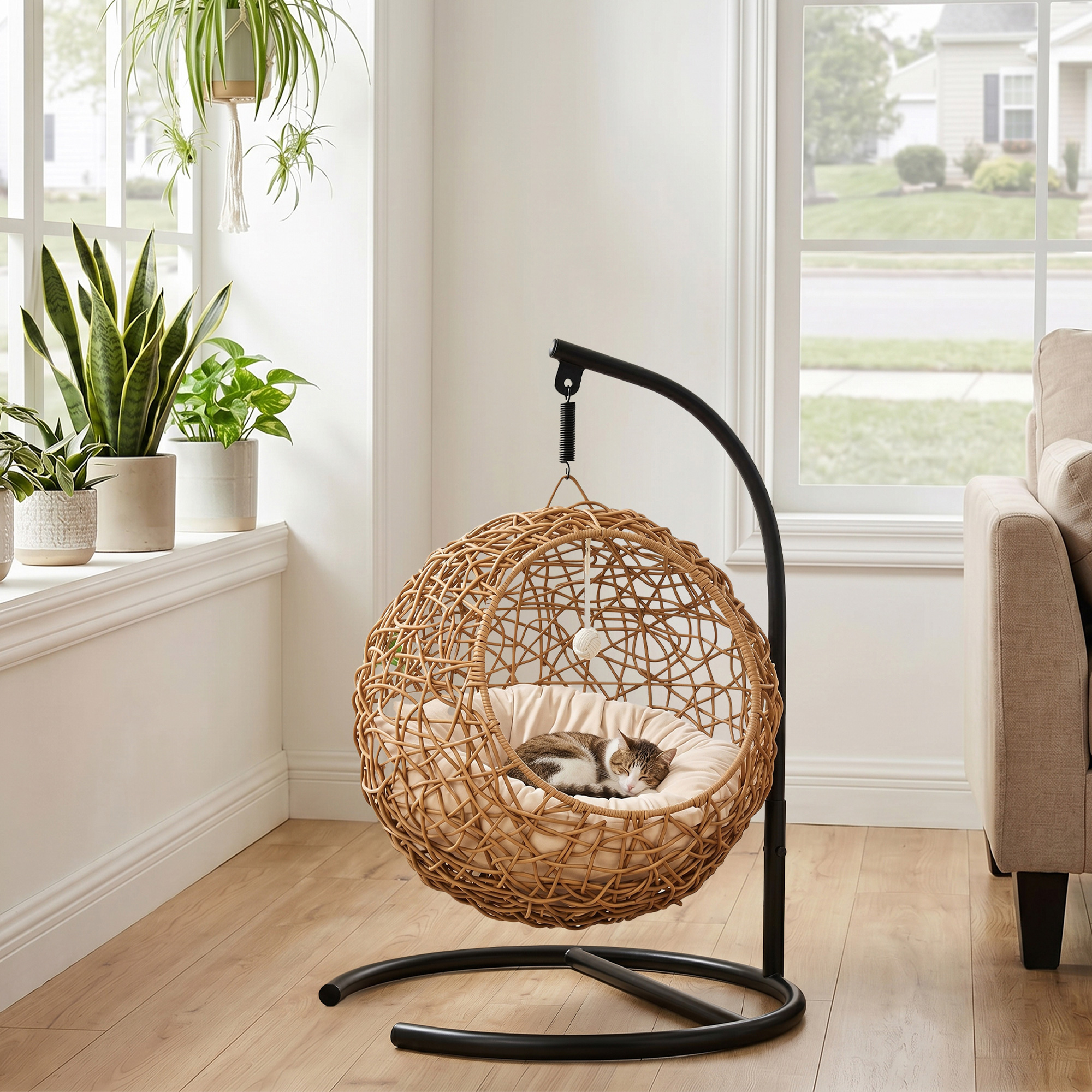 Katzenbett Rattan Katzenhöhle mit Waschbarem Kissen und Spielball, für Katzen bis 10 kg, 45 x 41 x 75 cm, Hellbraun