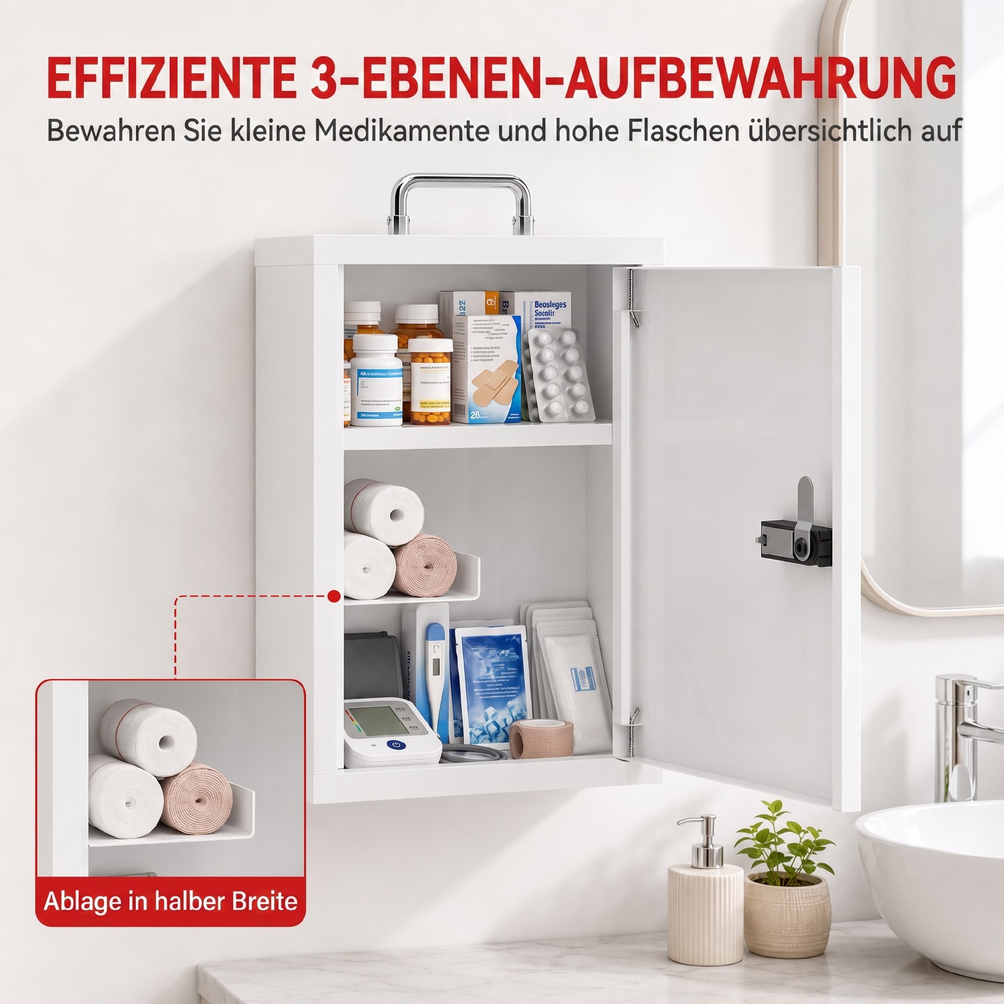 Medizinschrank zur Wandmontage mit Zahlenschloss, 3 Ebenen, abschließbarer Erste-Hilfe-Schrank aus Stahl, Weiß