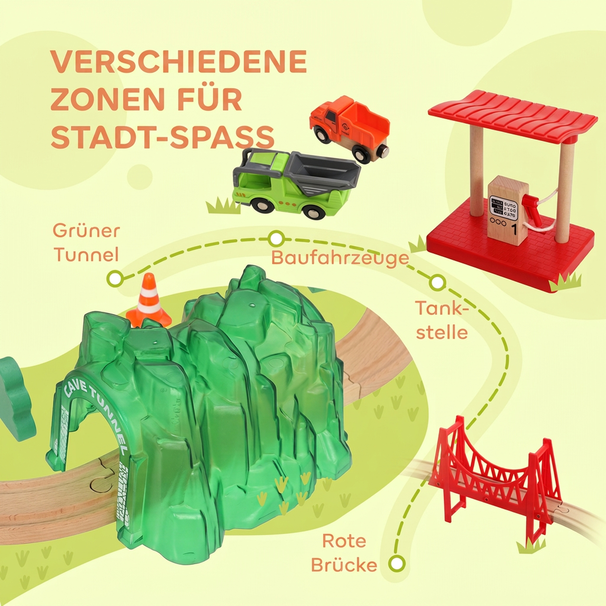 Holzeisenbahn Set 91 Stück Eisenbahn Set mit Kran Zügen Baufahrzeugen, Schienen Brücke für Kinder ab 3 Jahren
