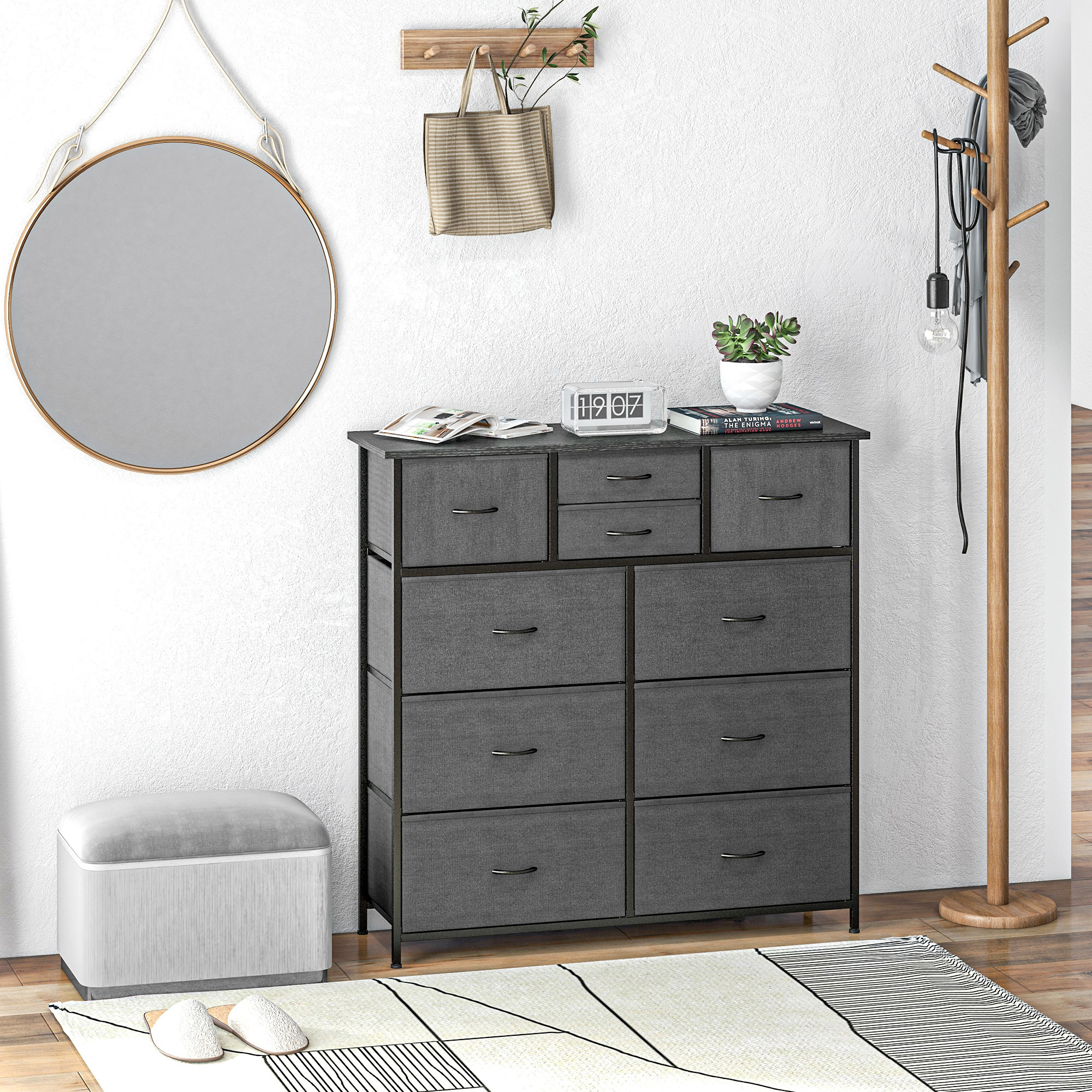 Kommode, Sideboard mit Stoffschubladen, 10 Fächer, Metallrahmen, 100x30x100cm, Schwarz