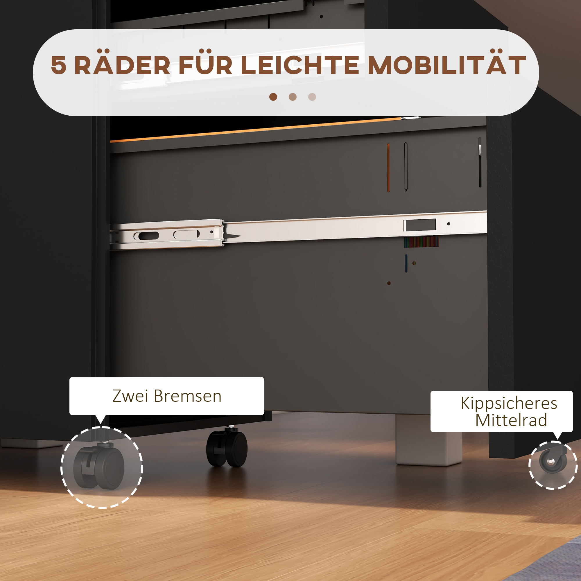 Rollcontainer Aktenschrank, 3 Schubladen, abschließbar, rollbar, 37 cm x 43,5 cm x 60 cm, Schwarz