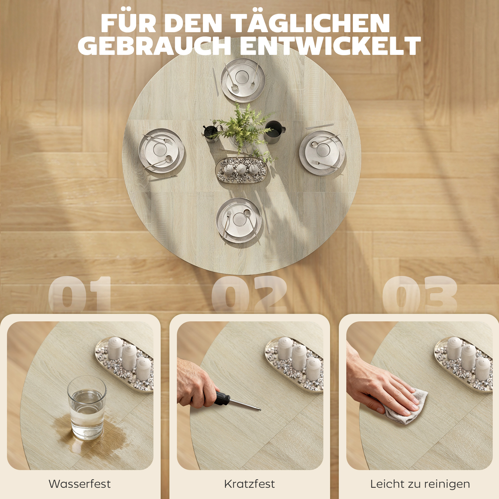 Klapptisch, Tisch mit Klappfunktion und offener Ablage, Rollbarer Küchentisch für Esszimmer, kleine Räume, Natur