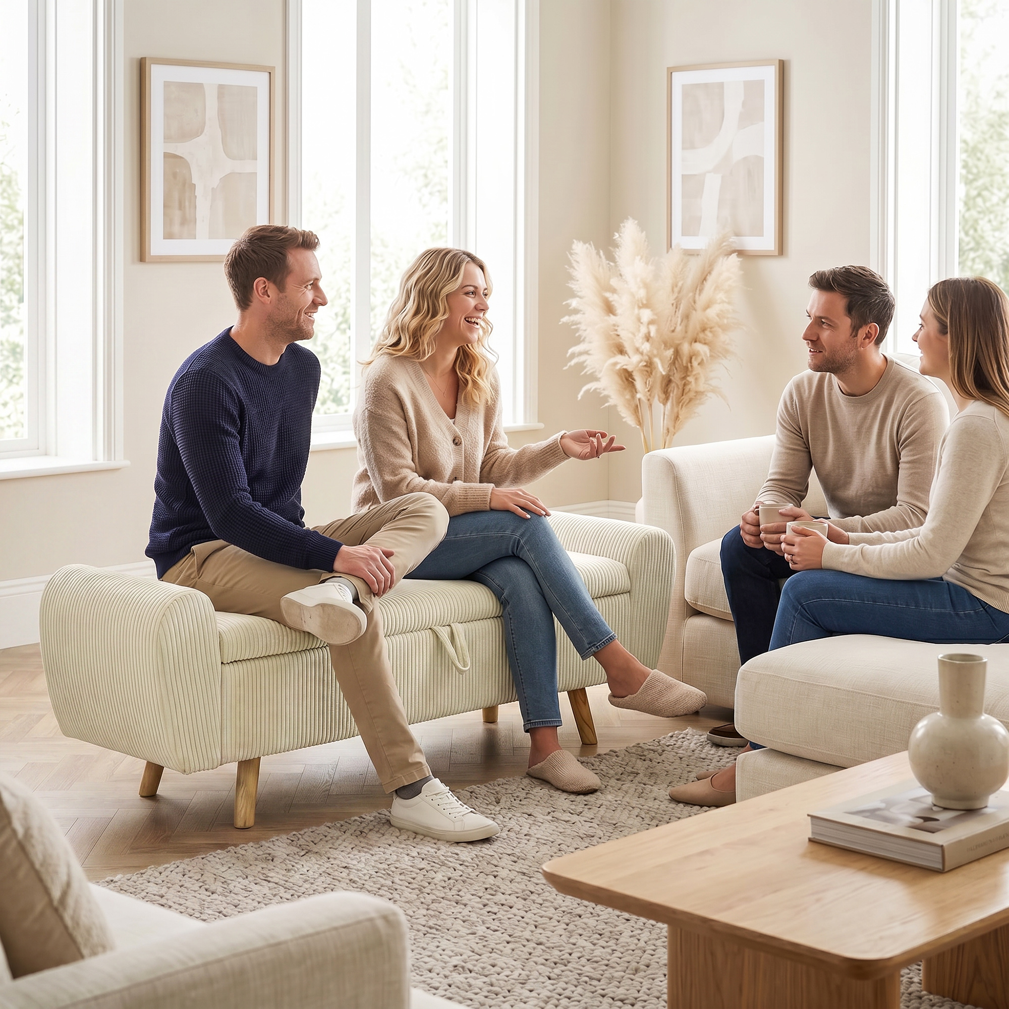 Sitzbank mit Stauraum, Polsterbank mit Cord-Optik, Holzfüßen und Gerollten Armlehnen, Beige