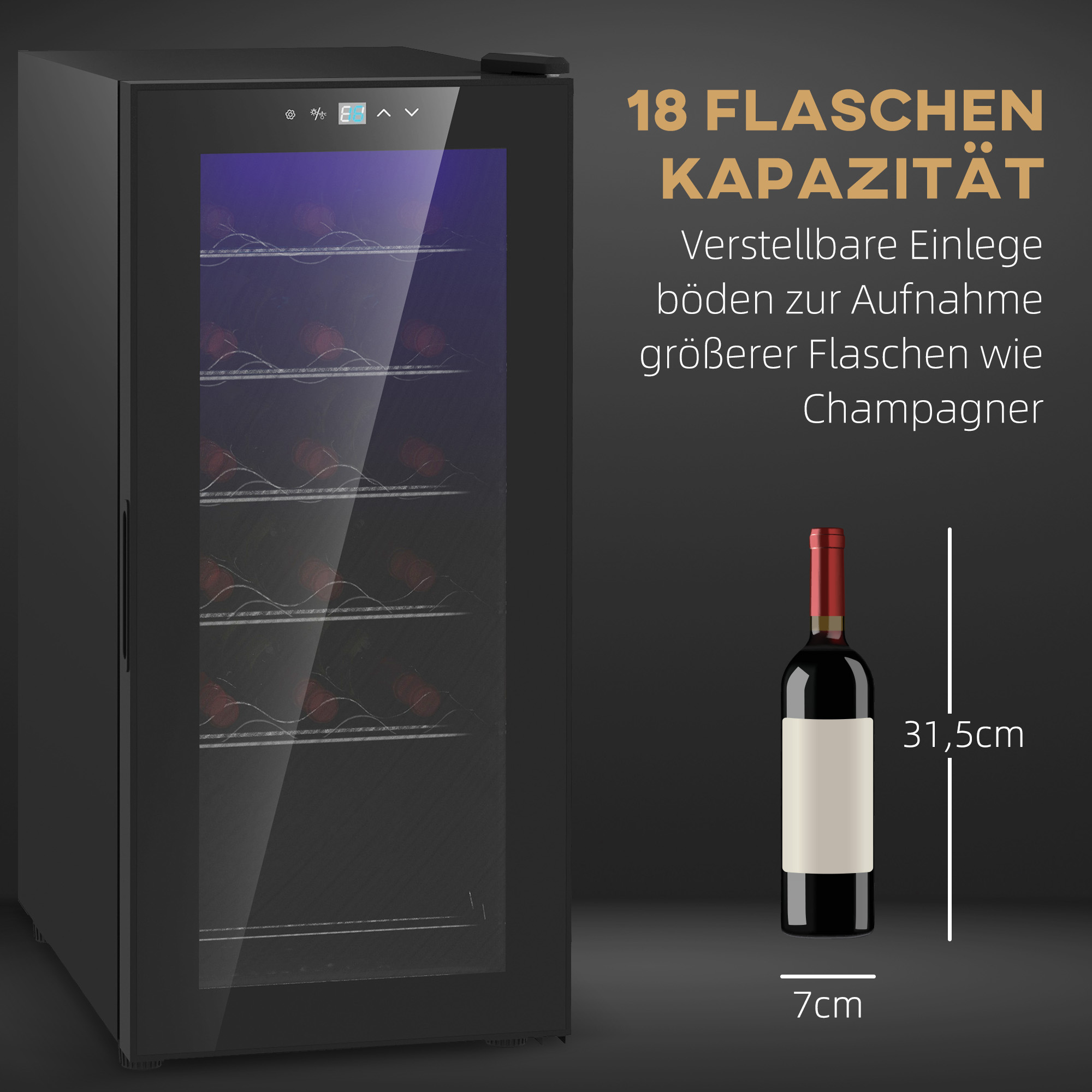 Weinkühlschrank, leise, 5-18°C, Touchscreen, Beleuchtung, 34,5x45x78cm, Schwarz