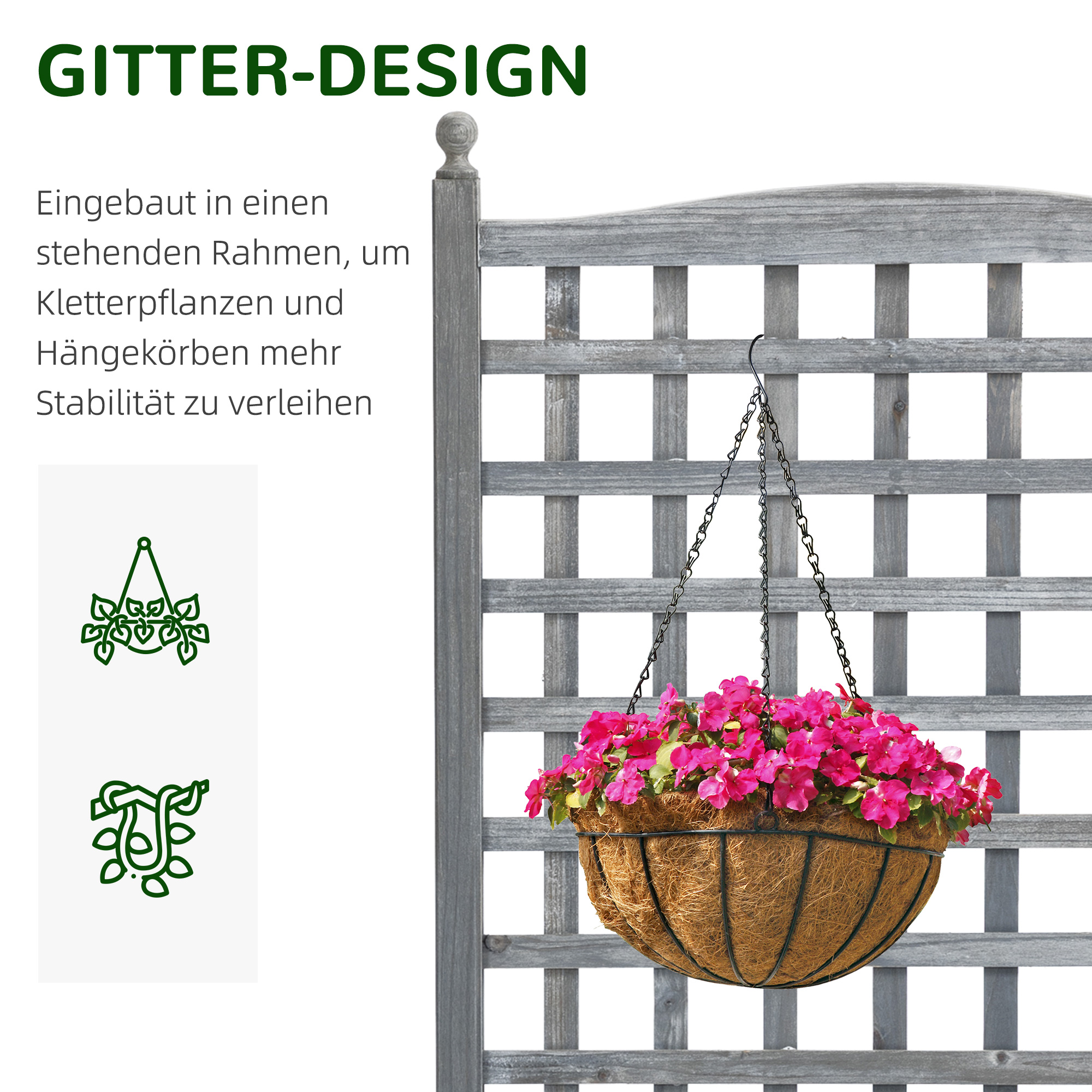 Hochbeet Pflanzkasten mit Rankgitter Blumenkasten Rankkasten Rosenbogen mit  Rankhilfe für Kletterpflanzen Garten Holz Grau 64 x 28 x 120 cm