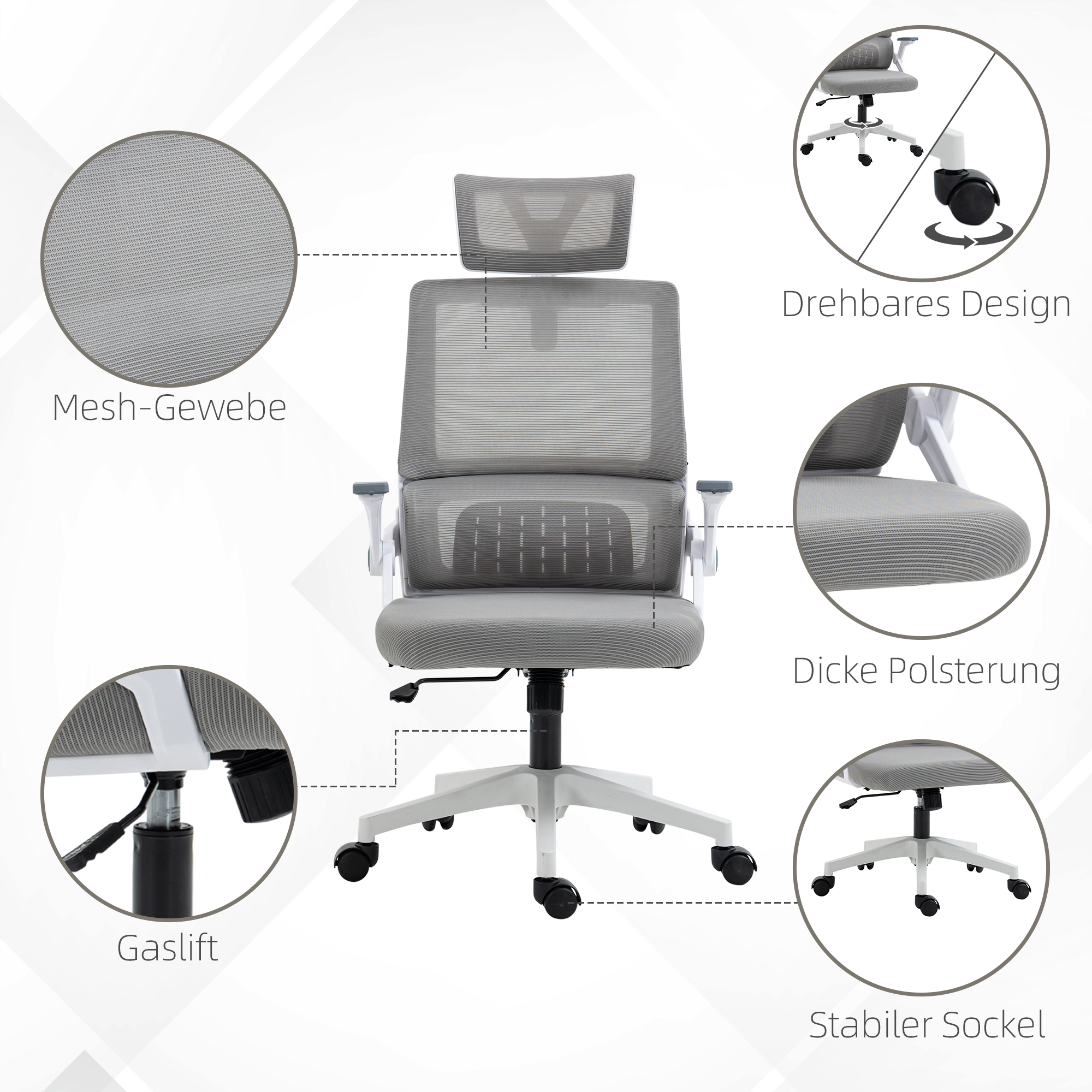 Bürostuhl Schreibtischstuhl Office-Stuhl, höhenverstellbar, 1 Kopfstütze, 58 x 61 x 119 cm. Schwarz