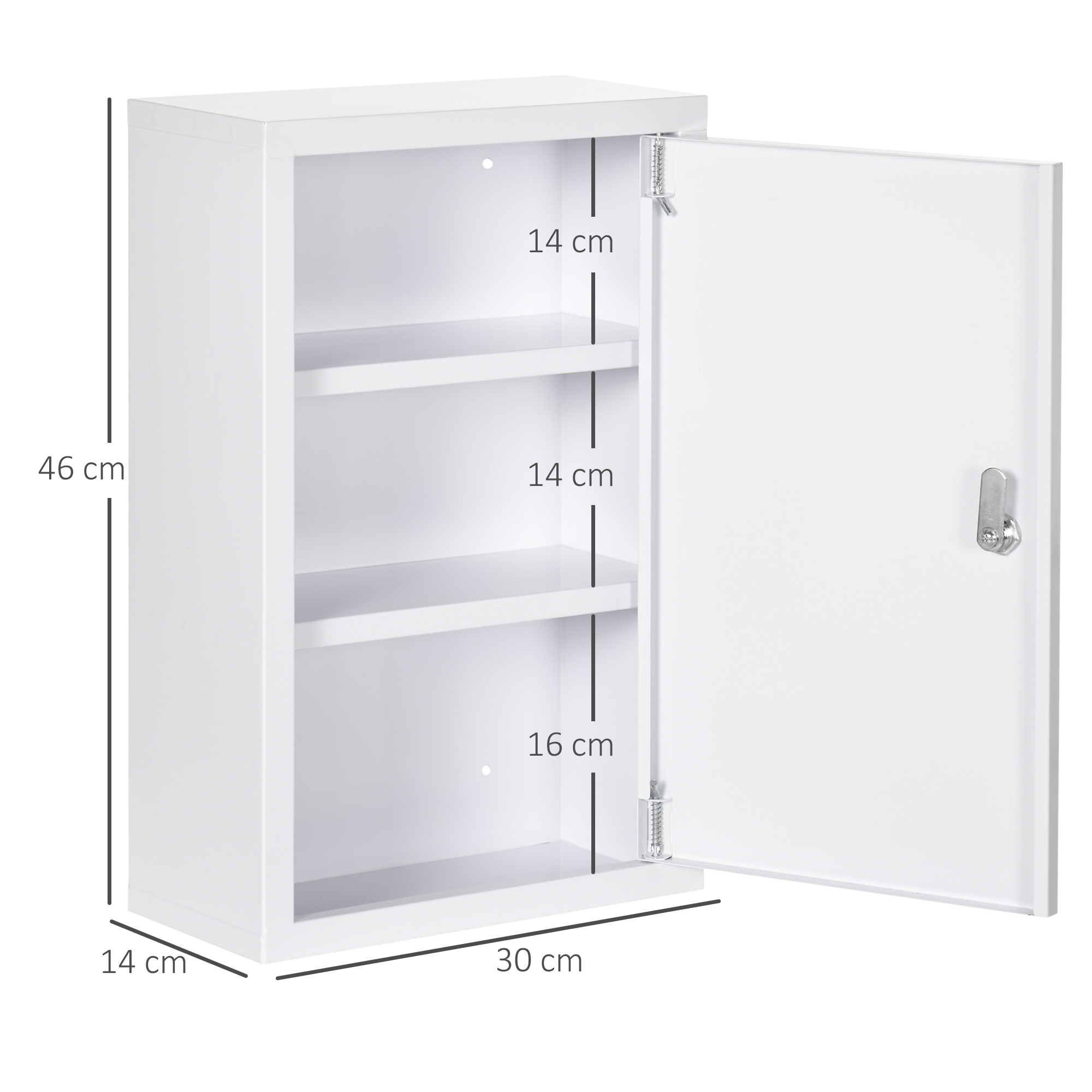 Medizinschrank, 3 Fächer, abschließbare Tür, stabiles Stahlgehäuse, weiß, 30 x 14 x 46 cm