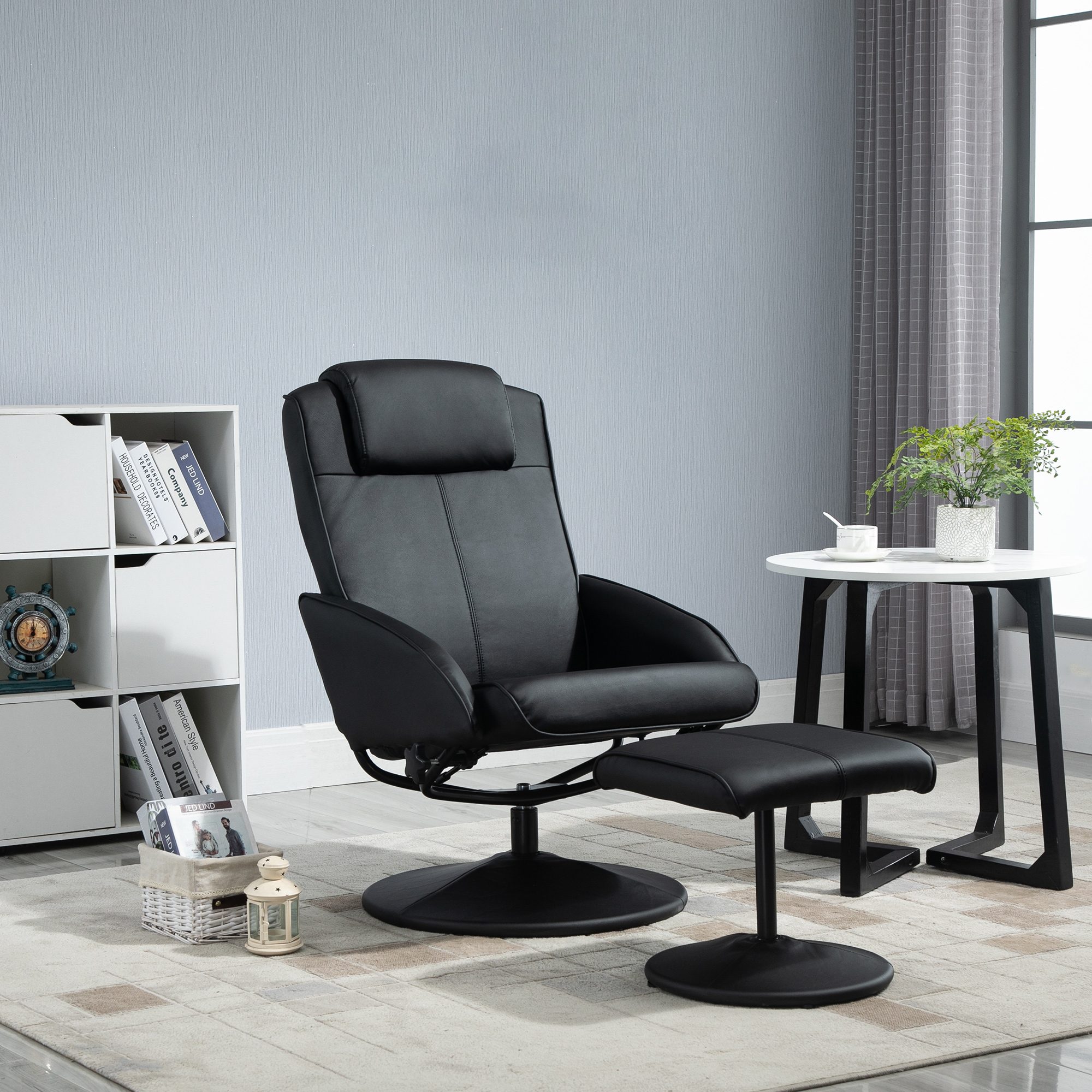Relaxsessel mit Fußhocker, Kunstleder-Bezug, neigbar, ergonomisches Design, Schwarz