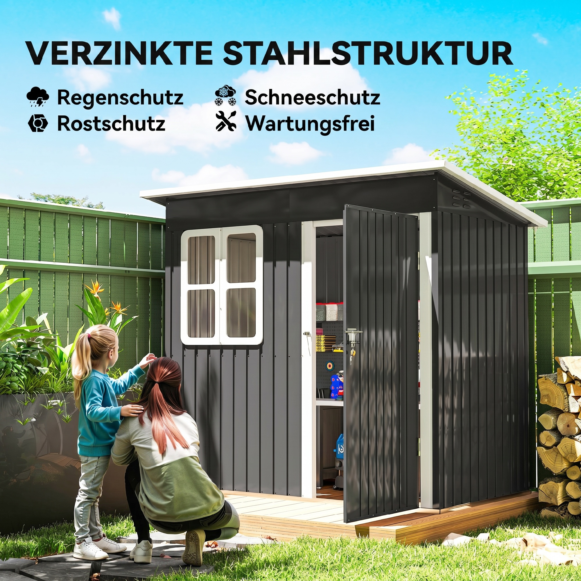Gartenschuppen, Gartenhaus mit Fenster, verschließbare Tür, für Garten, Terrasse, Stahl, 221L x 133B x 190H cm, Grau