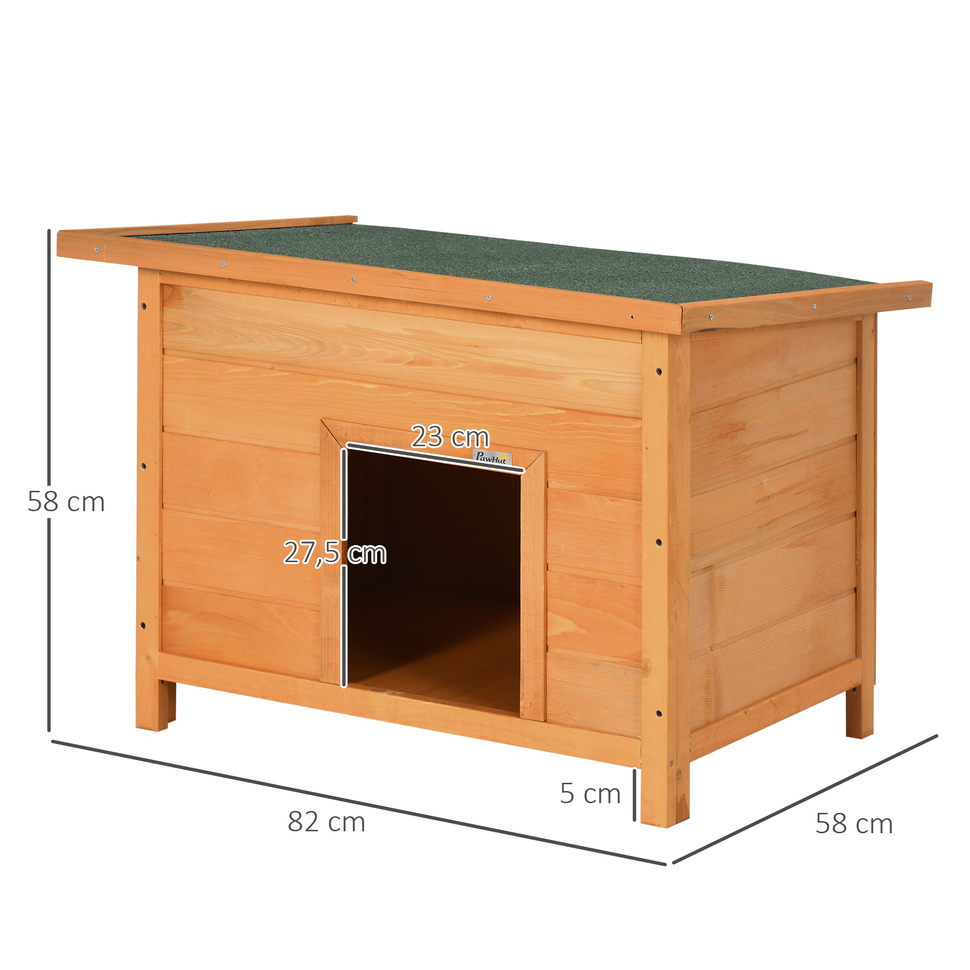 Hundehütte Outdoor, Hundehaus aus Holz mit Aufklappbares Asphaltdach, Wasserdichte Hundehöhle mit erhöhter Boden Hütte für kleine Hunde, Gelb, 82 x 58 x 58 cm