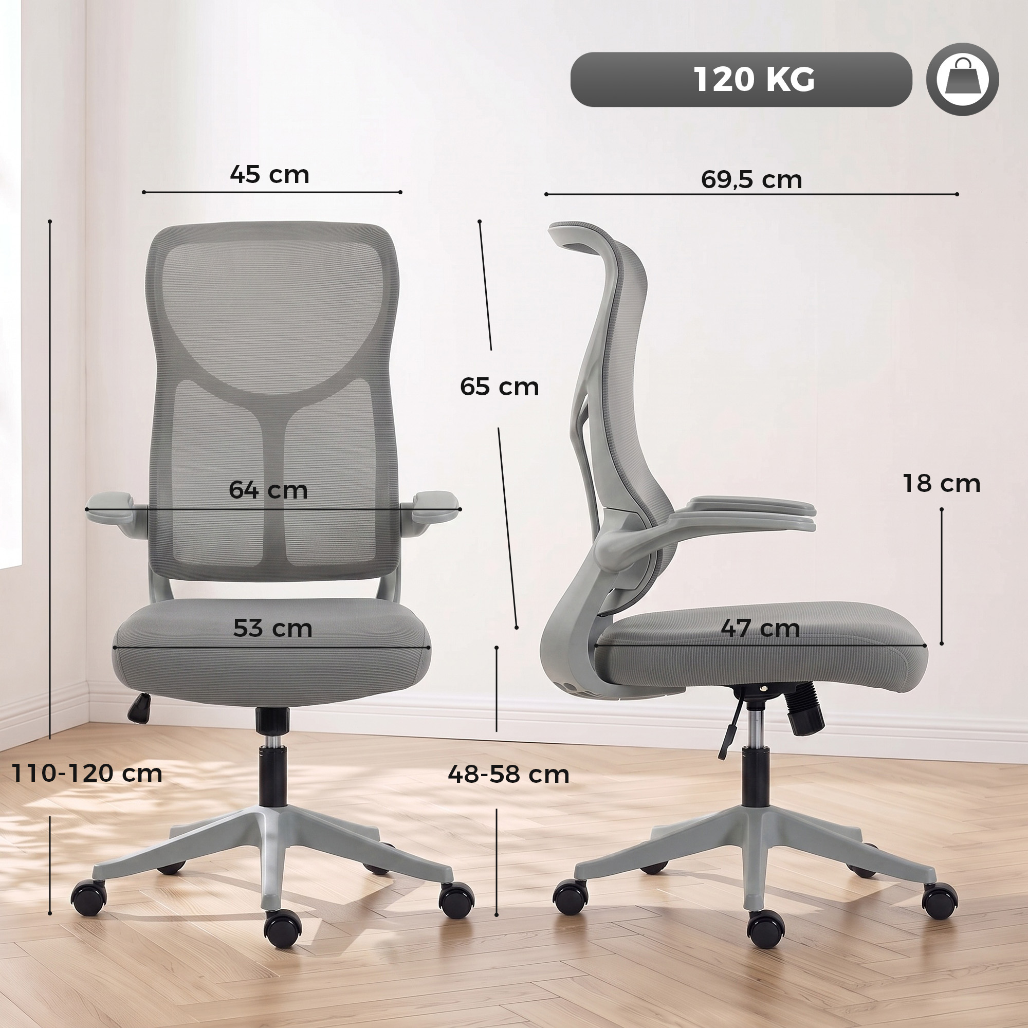 ergonomischer Mesh-Bürostuhl, drehbarer Stuhl mit hoher Rückenlehne, klappbaren Armlehnen, Wippfunktion, Grau