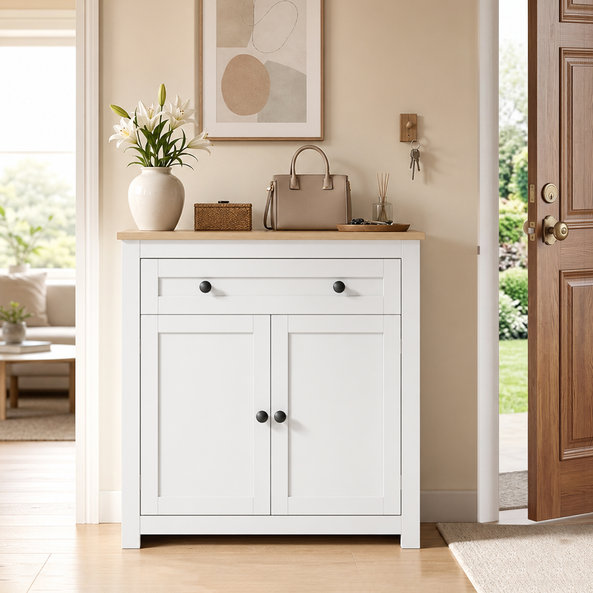 Sideboard Küchenschrank mit Schublade, Doppeltür, Verstellbarer Einlegeboden, für Wohnzimmer, 78,5 x 35 x 80 cm Weiß