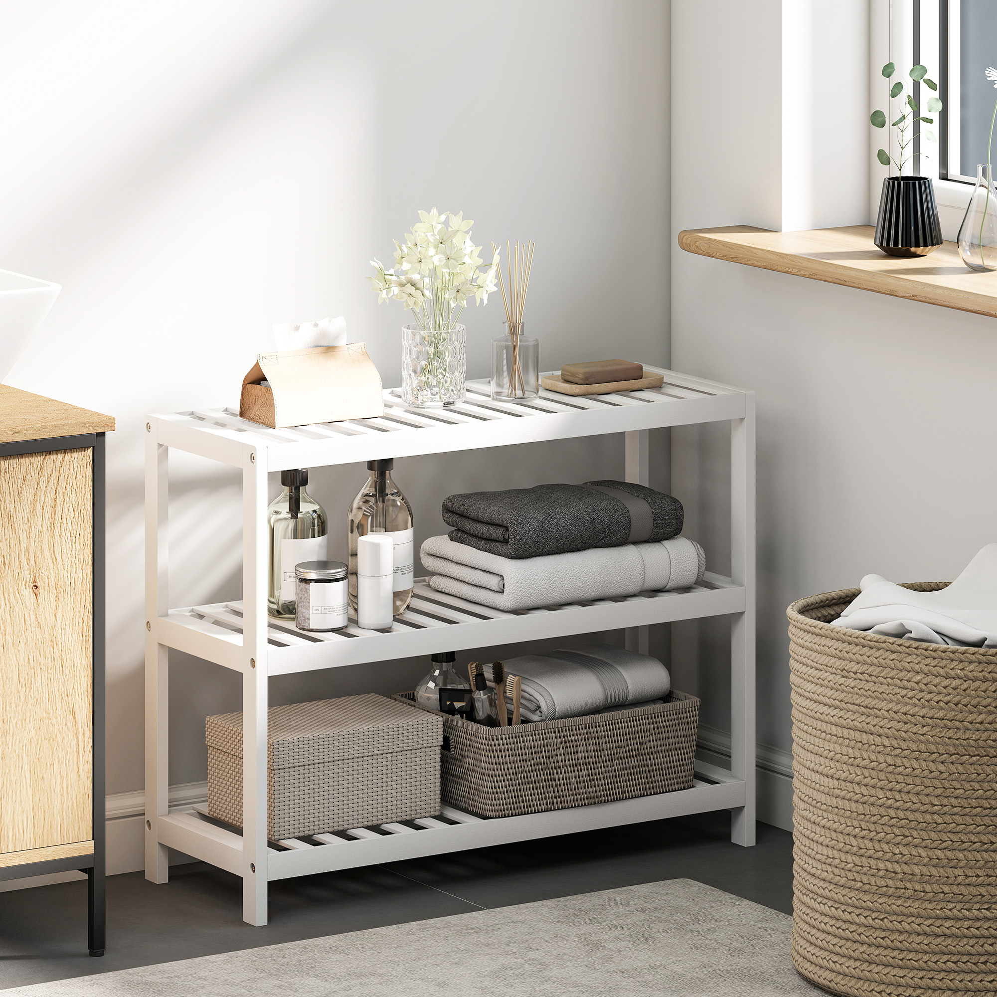 3-stufiges Bambusregal, Schuhregal, Aufbewahrungsregal, lackierte Oberfläche, Weiß