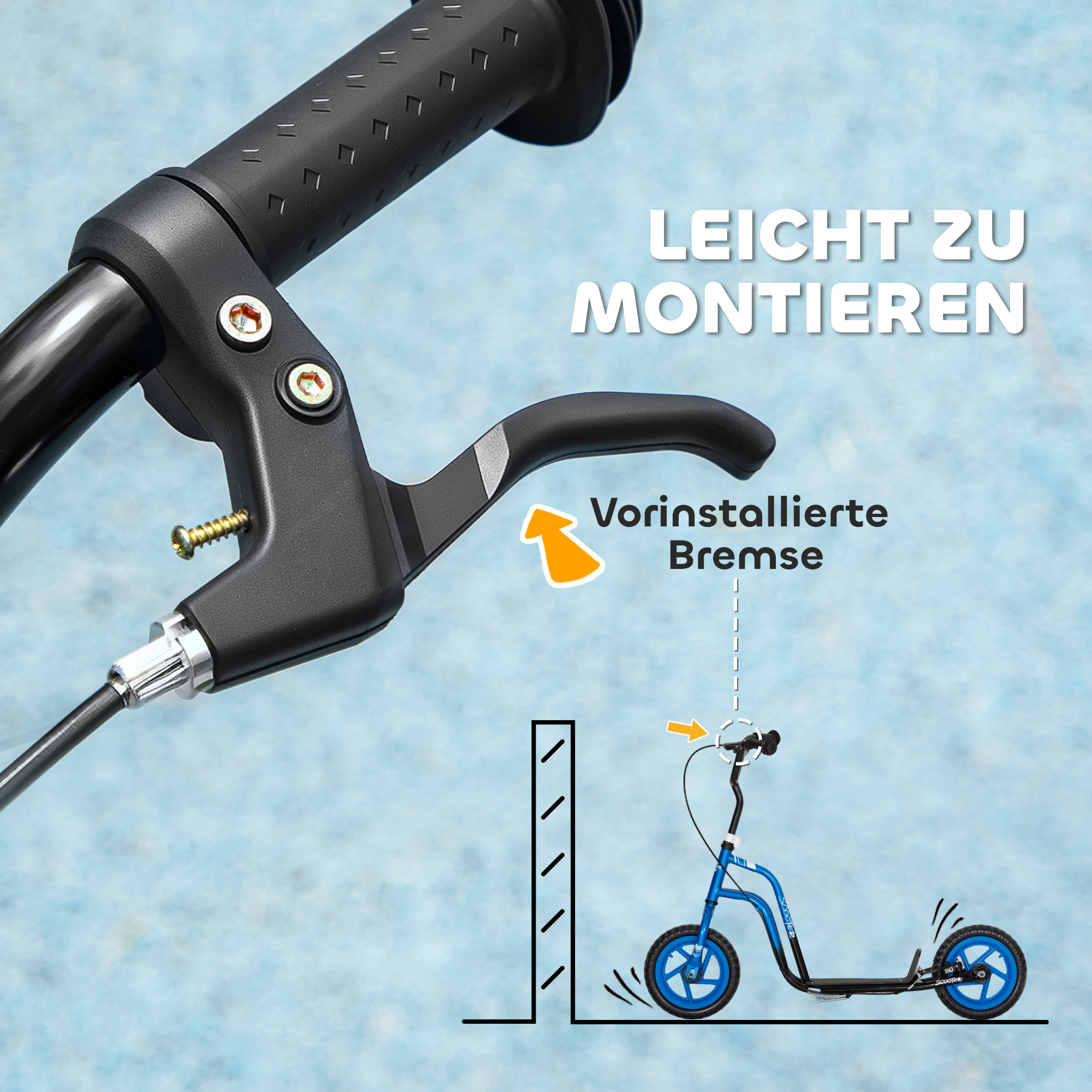 Kinderroller mit verstellbarem Lenker, große Räder, Parkständer, Handbremse, für Kinder im Alter von 5-12 Jahren, Blau