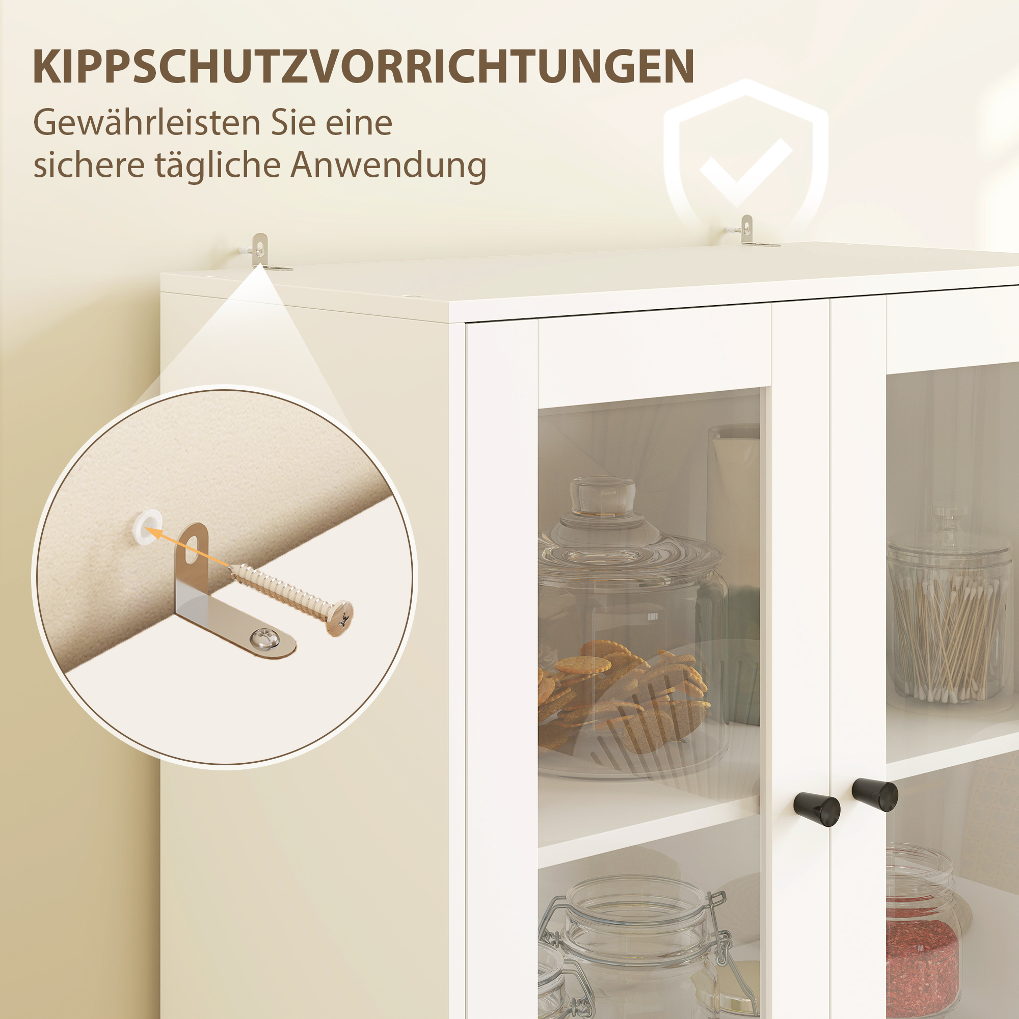 Küchenschrank mit Schubladen und Glastüren, Melamin-Oberfläche, Weiß