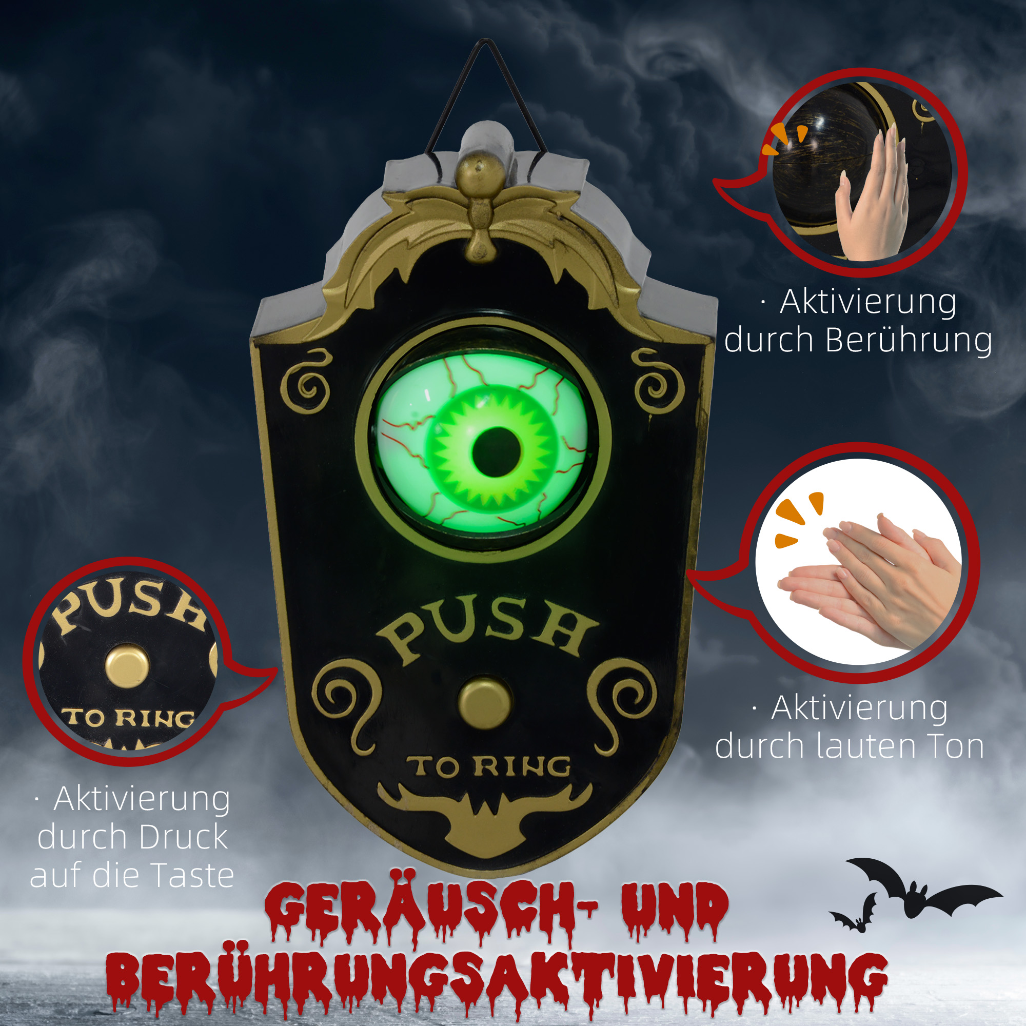 Halloweendeko, Türglocke mit Horror-Auge, Geräusch- & Touchsensor, beweglich, grünes Licht