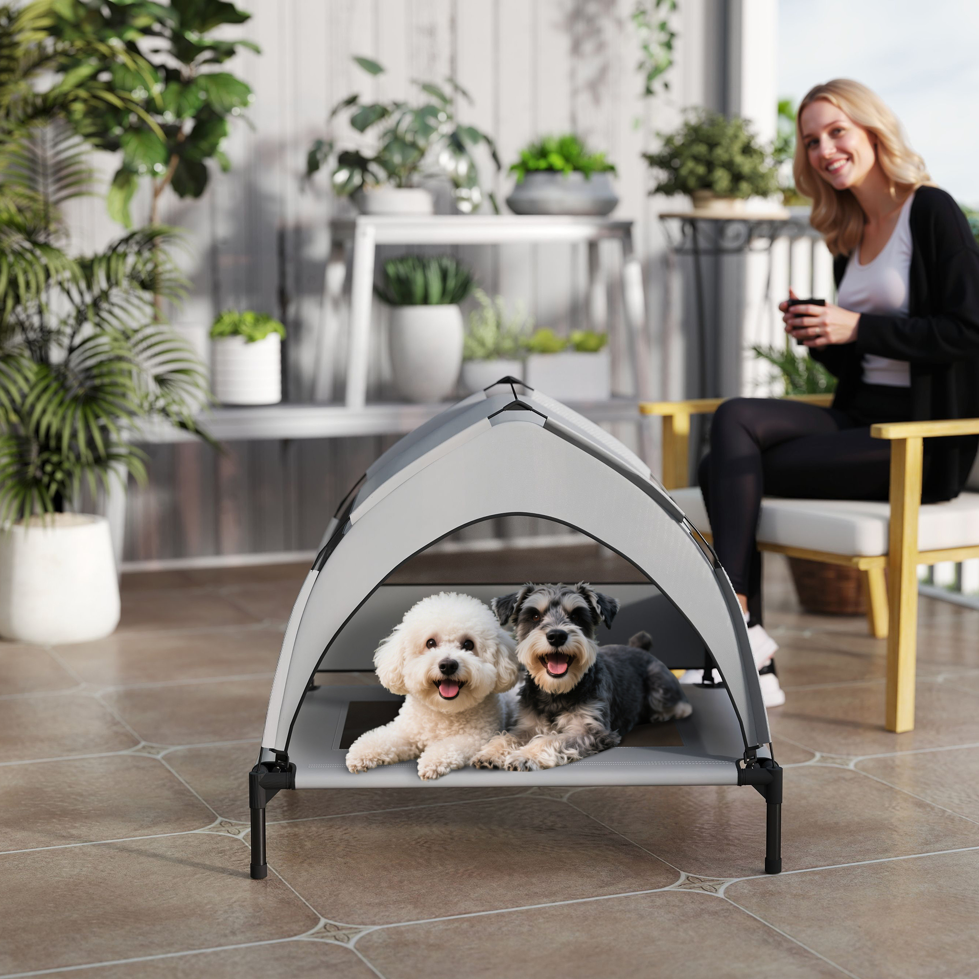 Hundeliege Outdoor mit Dach, erhöhtes Hundebett für mittelgroße Hunde, mit Stahlrahmen, 76x61x70cm, Hellgrau