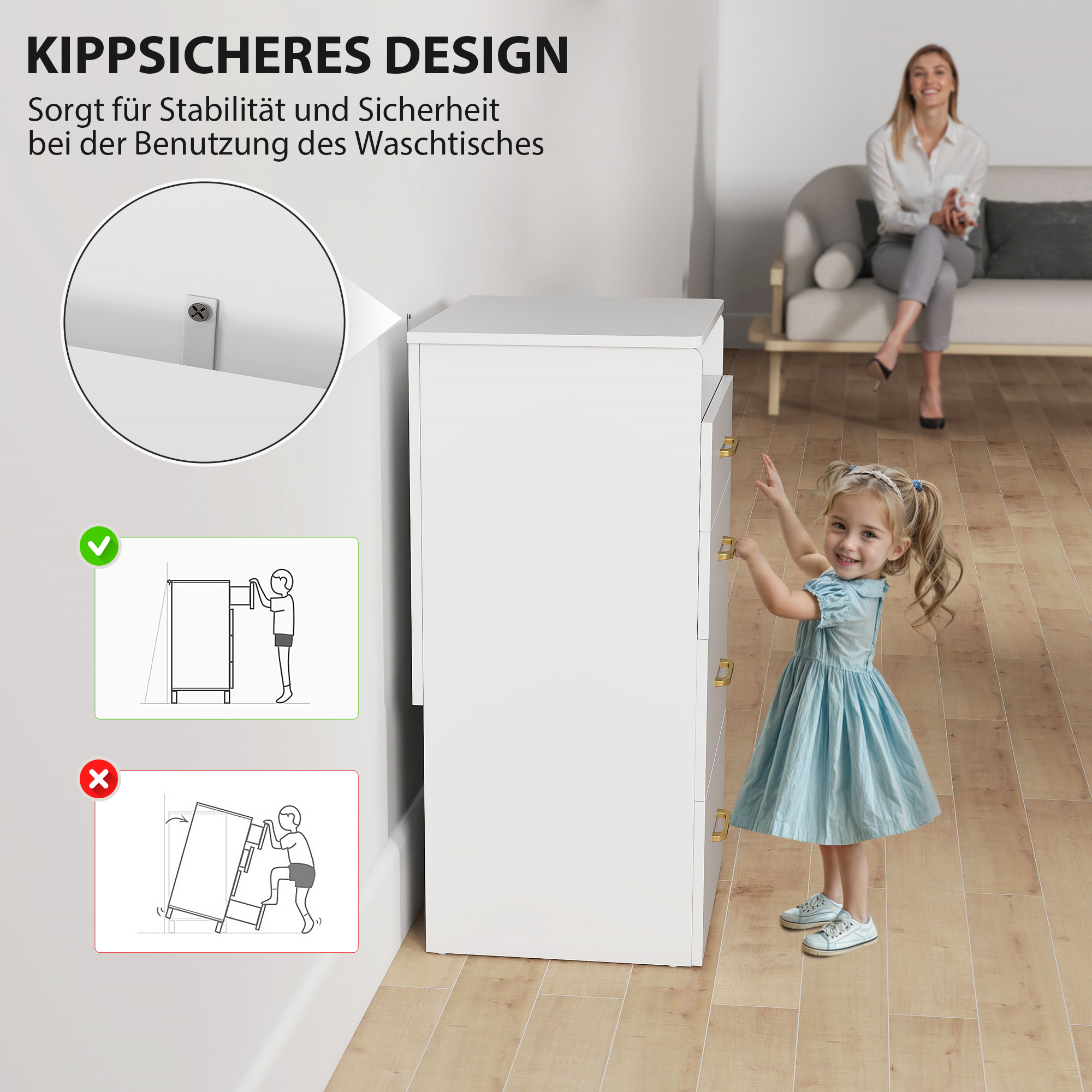 3-in-1-Schminktisch mit Spiegel, Nachttisch, Rollhocker, Schubladen, Weiß