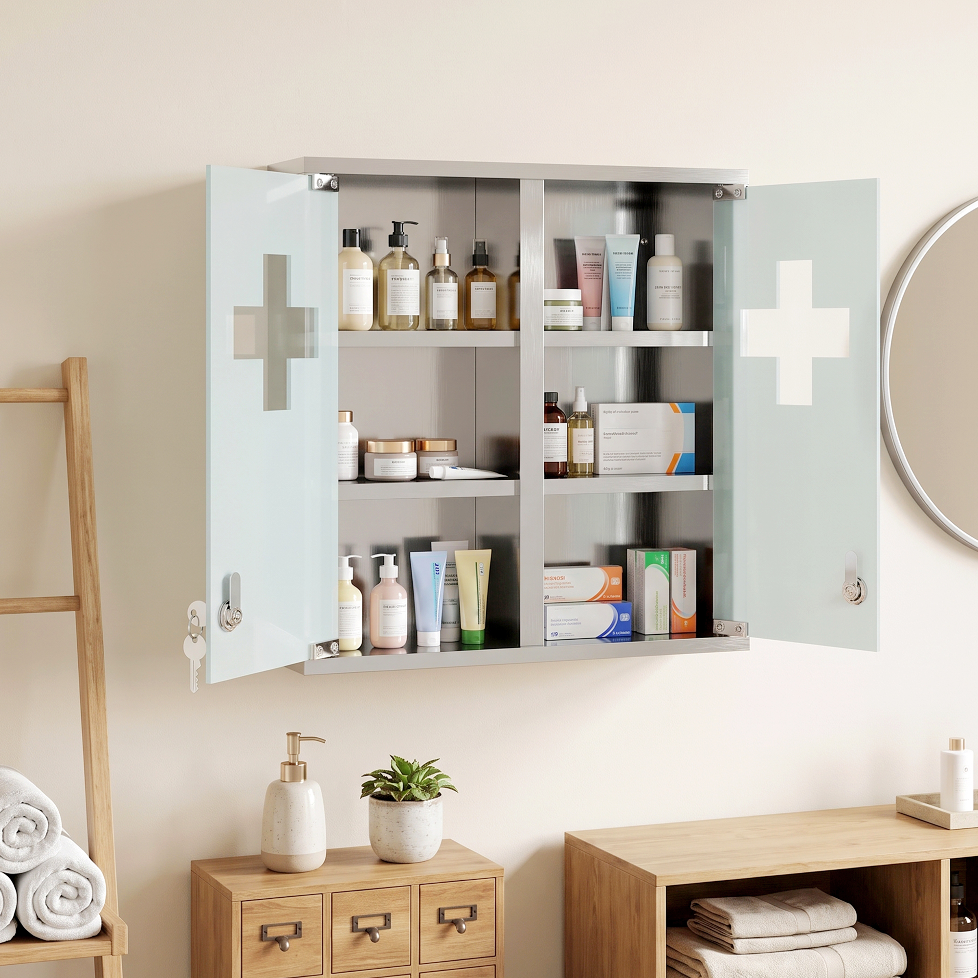 Medizinschrank, Abschließbarer Medikamentenschrank mit 2 Schlüsseln, Glastür und 6 Regalen, 48 x 46 x 12 cm, Silber