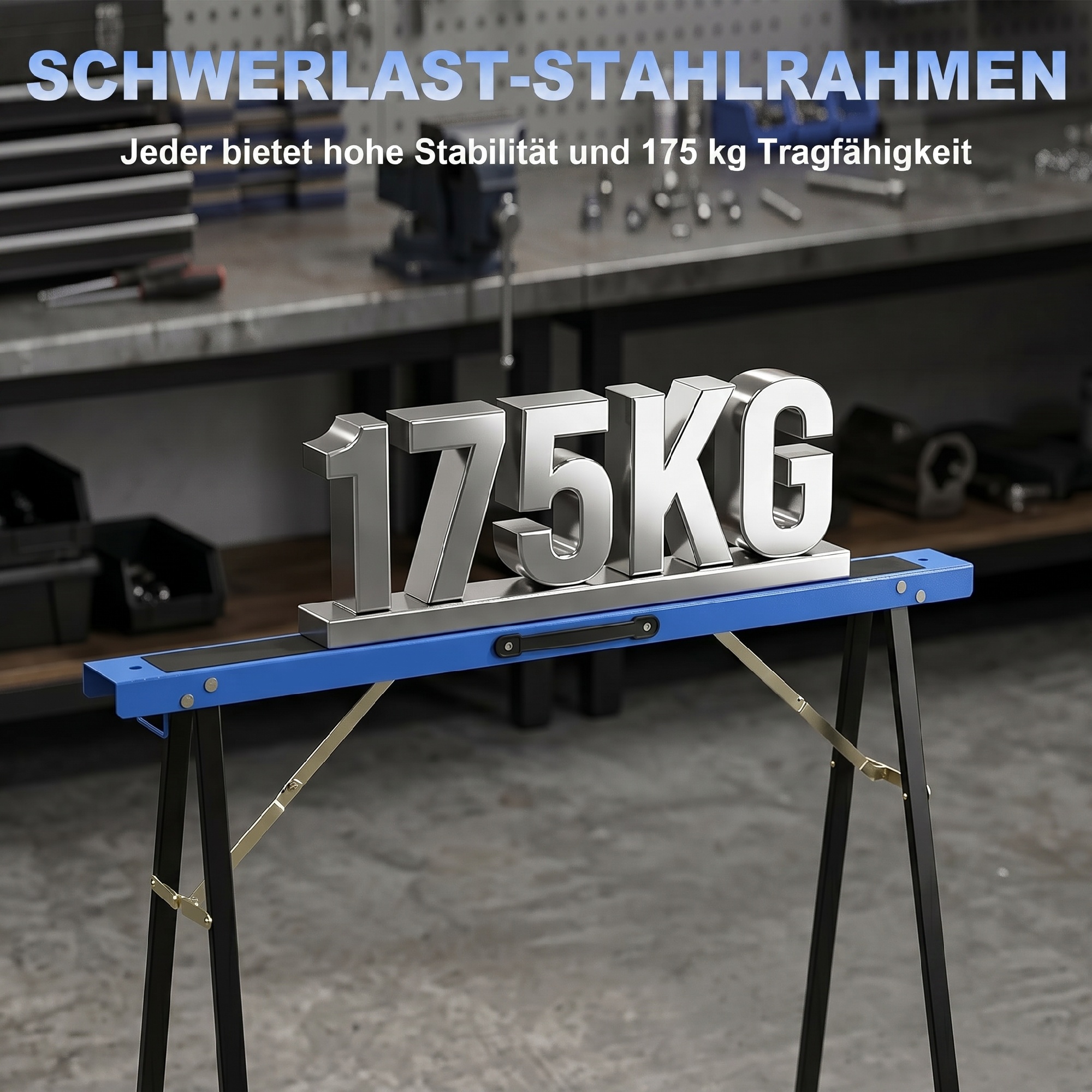 Set aus 2 robusten, klappbaren Sägeböcken aus Metall für Schreinerarbeiten und DIY-Projekte, Blau und Schwarz