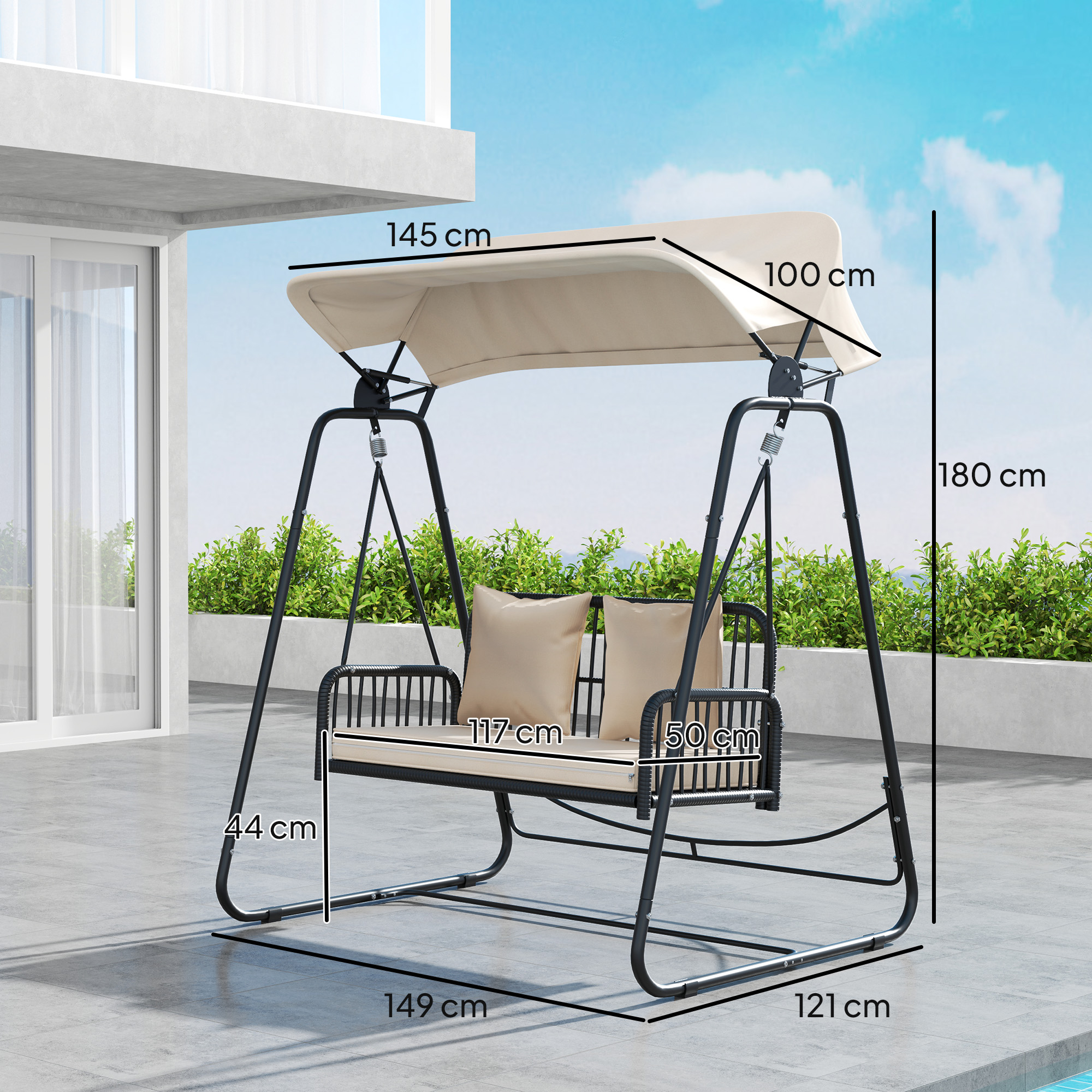 Hollywoodschaukel Rattan 2-Sitzer Gartenschaukel mit Sonnendach Kissen bis 240 kg 149 x 121 x 180 cm Khaki