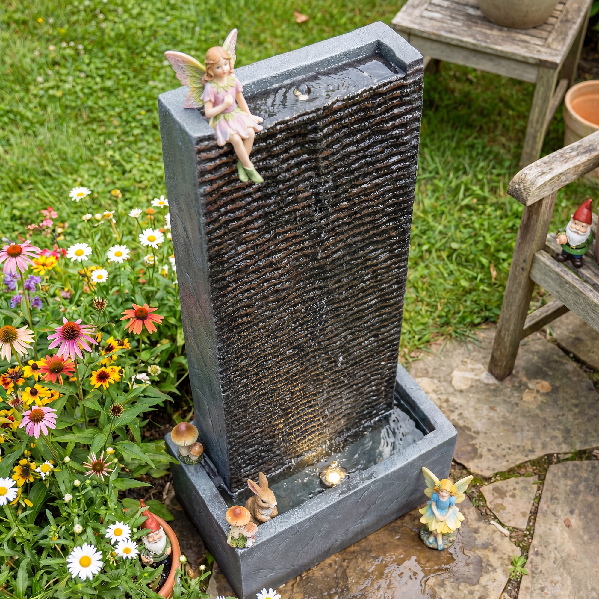 Springbrunnen 2-stufig Gartenbrunnen mit LED Beleuchtung Pumpe Granitoptik 37,5 x 22 x 80 cm