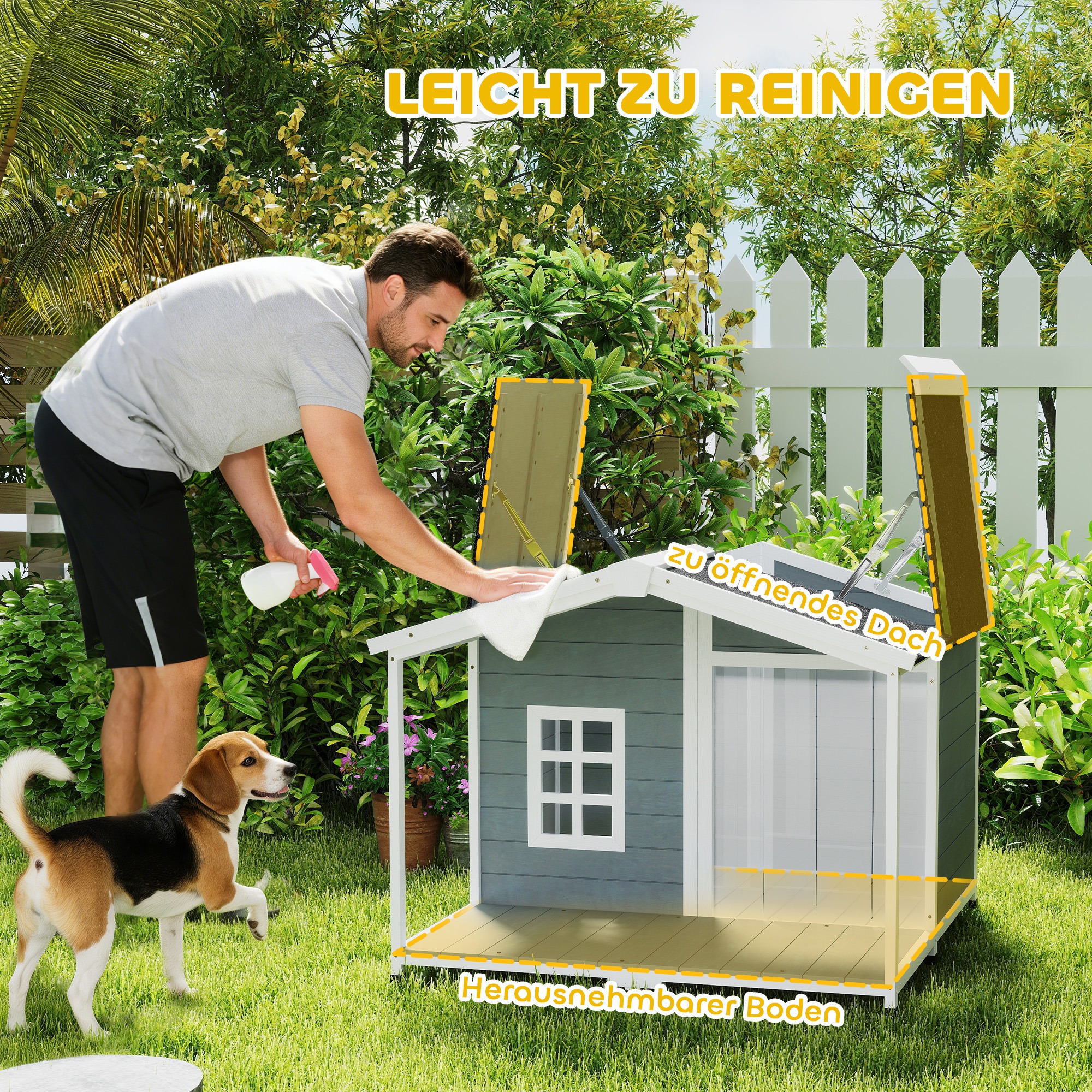 Hundehütte wetterfestes erhöhtes Hundehaus aus Holz mit Asphaltdach, Terrasse, für mittelgroße Hunde 103x107x83,5cm Grau