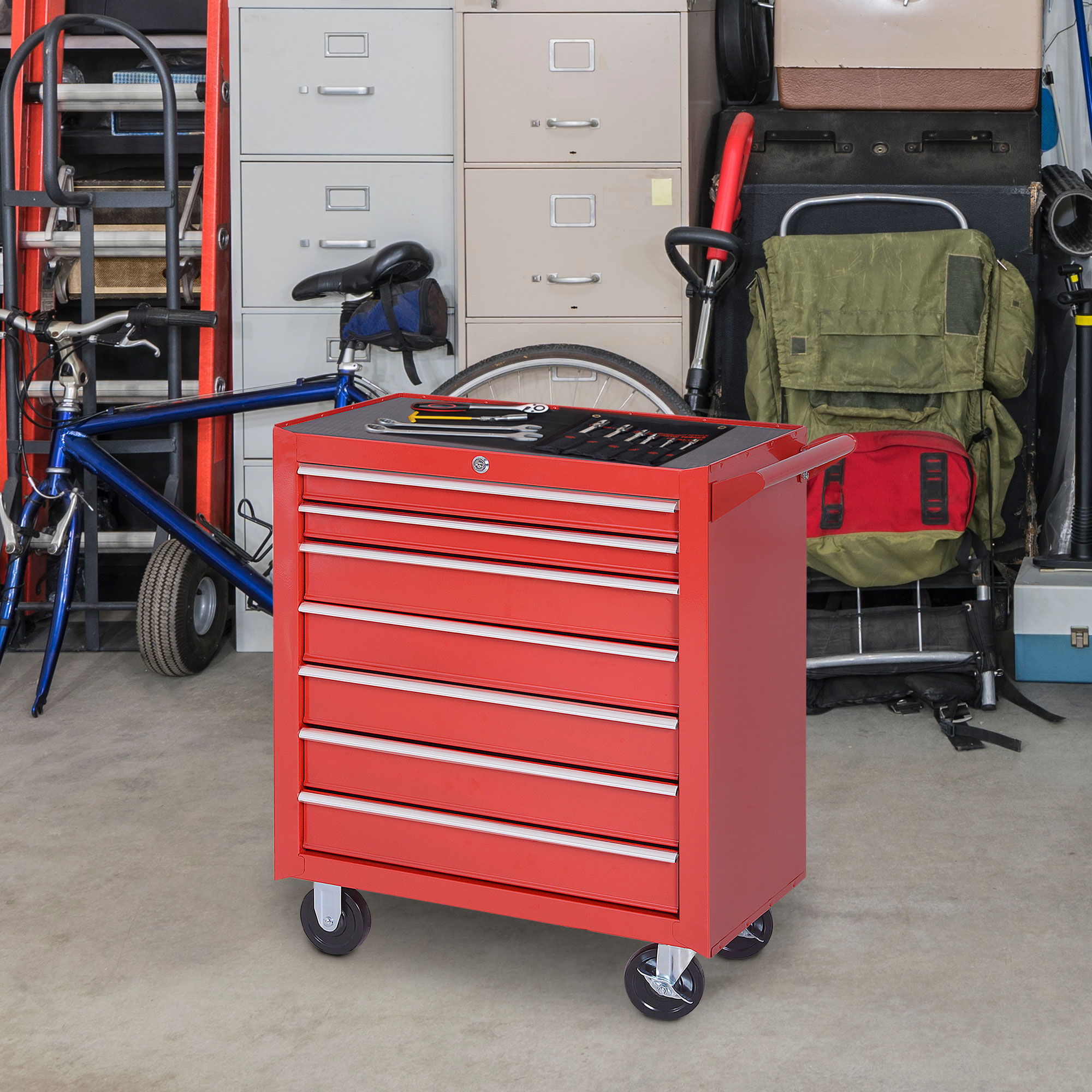 Werkzeugwagen, 2 kleine & 5 große Schubladen, Stahl, bis 150 kg, 69 x 33 x 75 cm, Rot