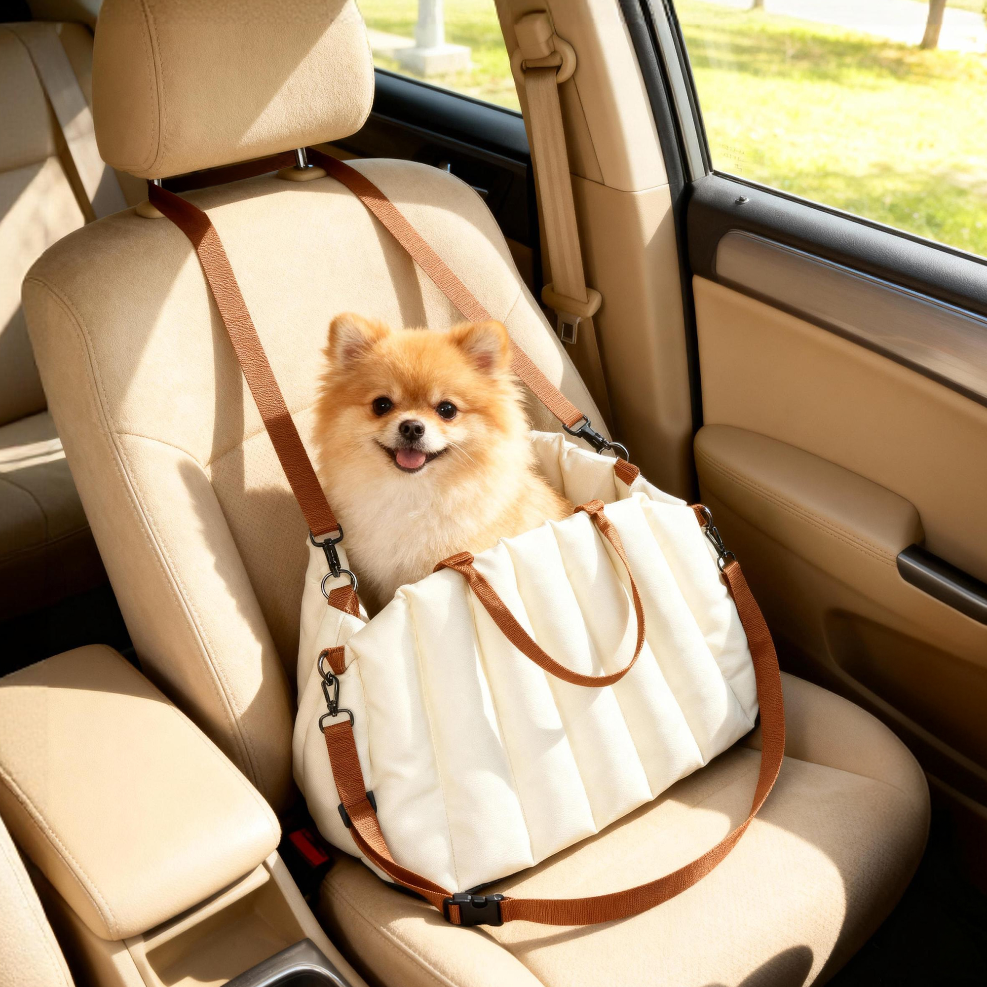Hundetasche Hundetragetasche für Hunde unter 5 kg, 2 Gurte, Oxford-Stoff, Kissen, Leine, Cremeweiß