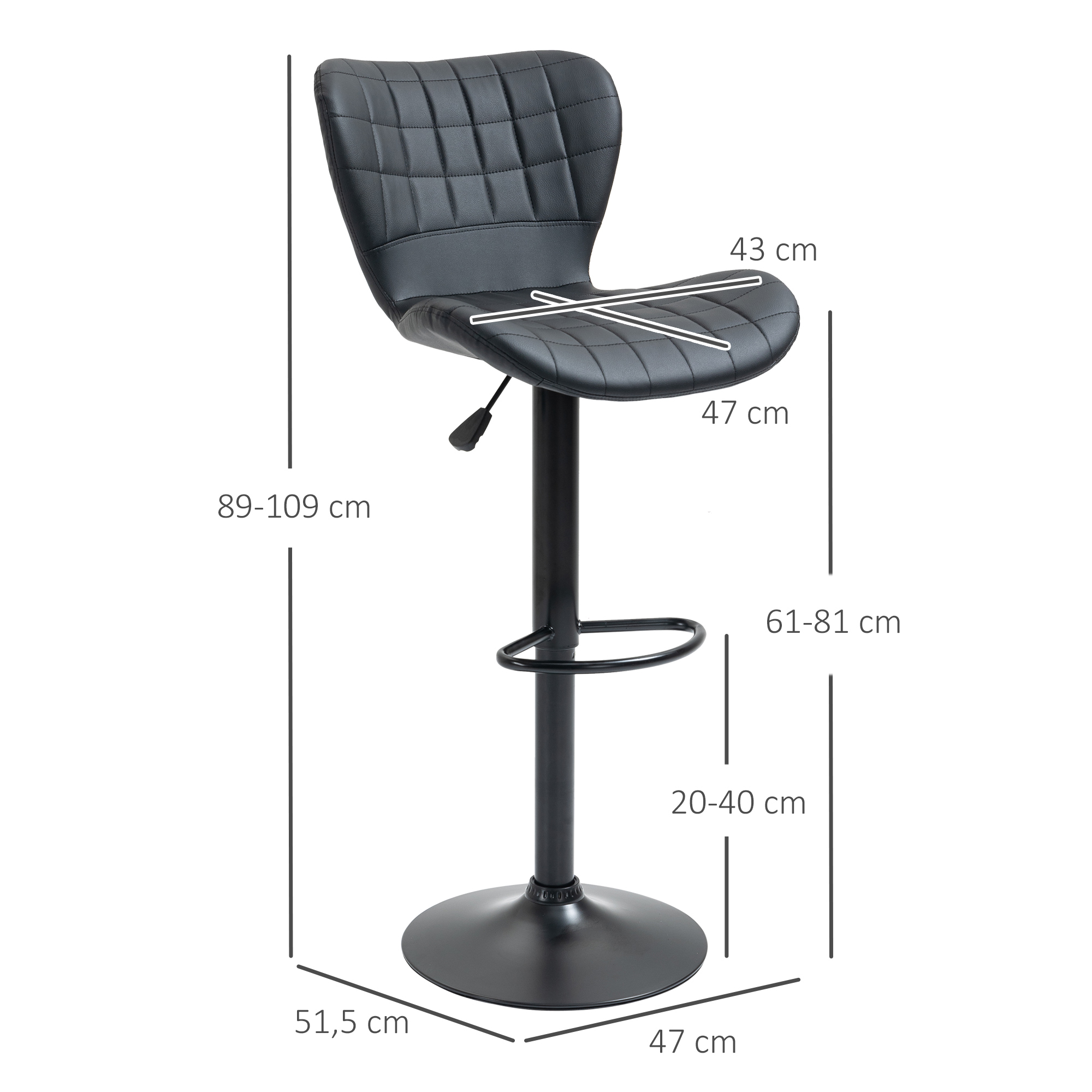 2-er-Set Barhocker Retrodesign 47 cm x 51,5 cm x 89-109 cm Schwarz