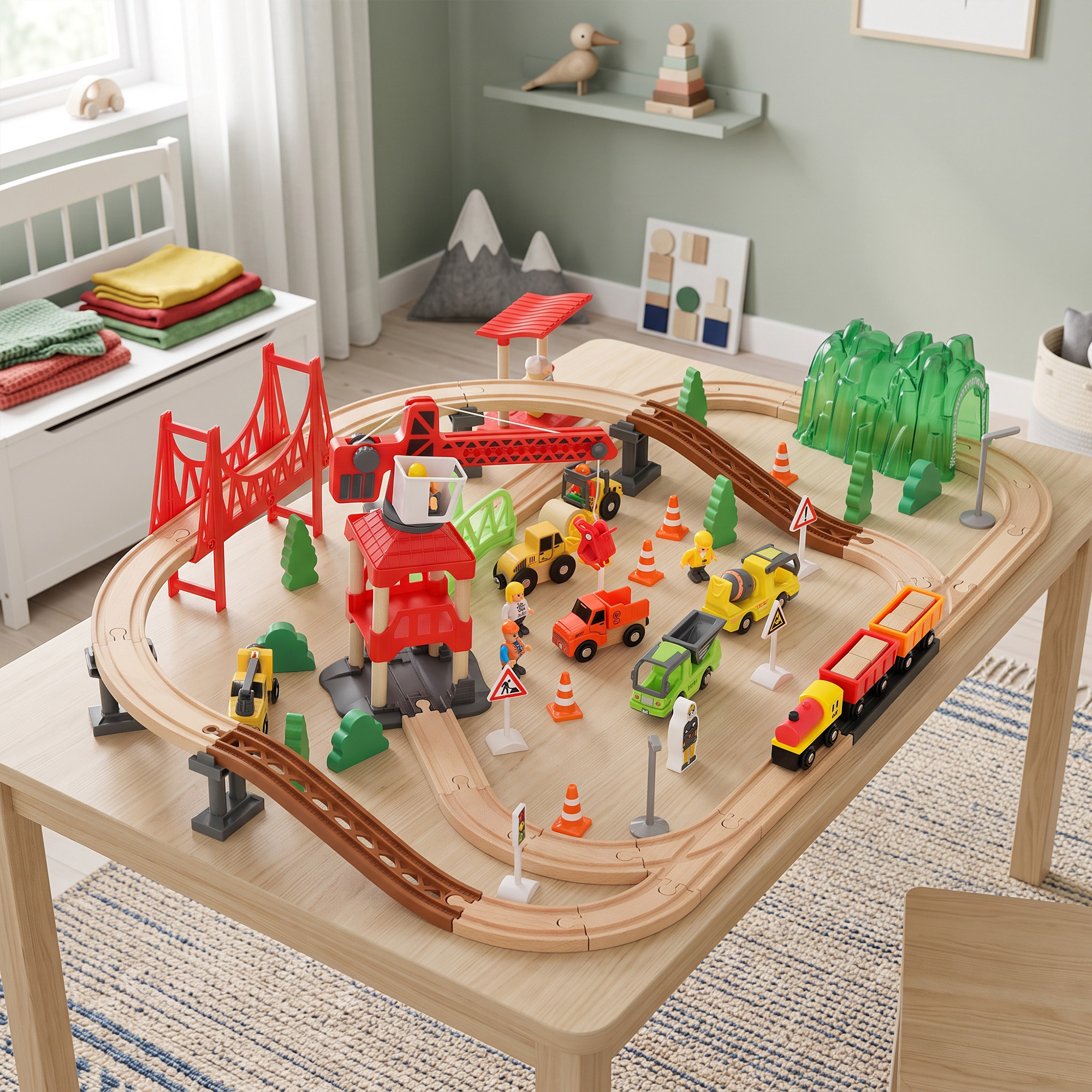 Holzeisenbahn Set 91 Stück Eisenbahn Set mit Kran Zügen Baufahrzeugen, Schienen Brücke für Kinder ab 3 Jahren