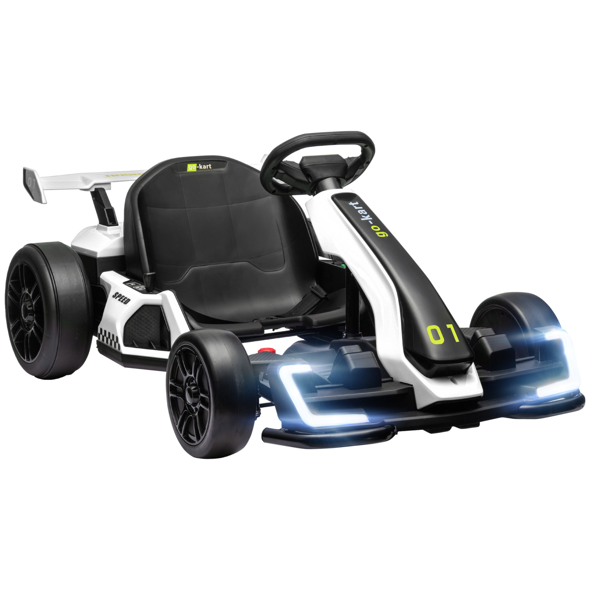 24V Elektro Go-Kart, für Kinder, bis 12 Km/h Gokart mit Drift-Funktion, 2 Motoren, verstellbarer Sitz, Sanftanlauf. schwarz-weiß