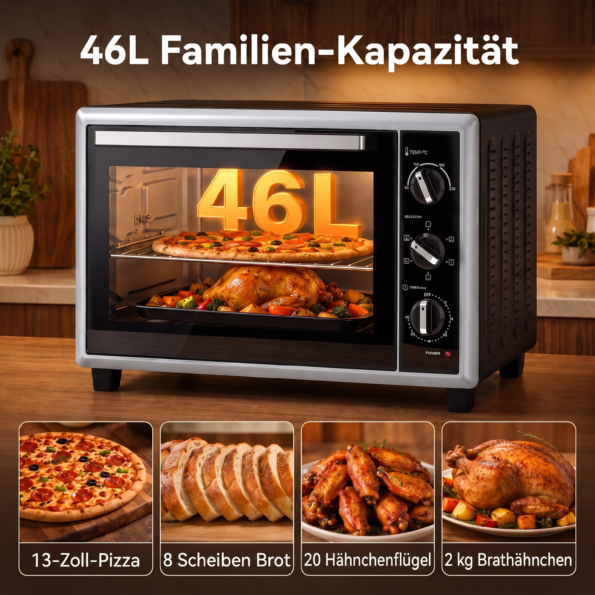 46 L Mini-Backofen mit Drehspieß, Umluft, Temperaturregelung und Timer, 1800 W, Schwarz