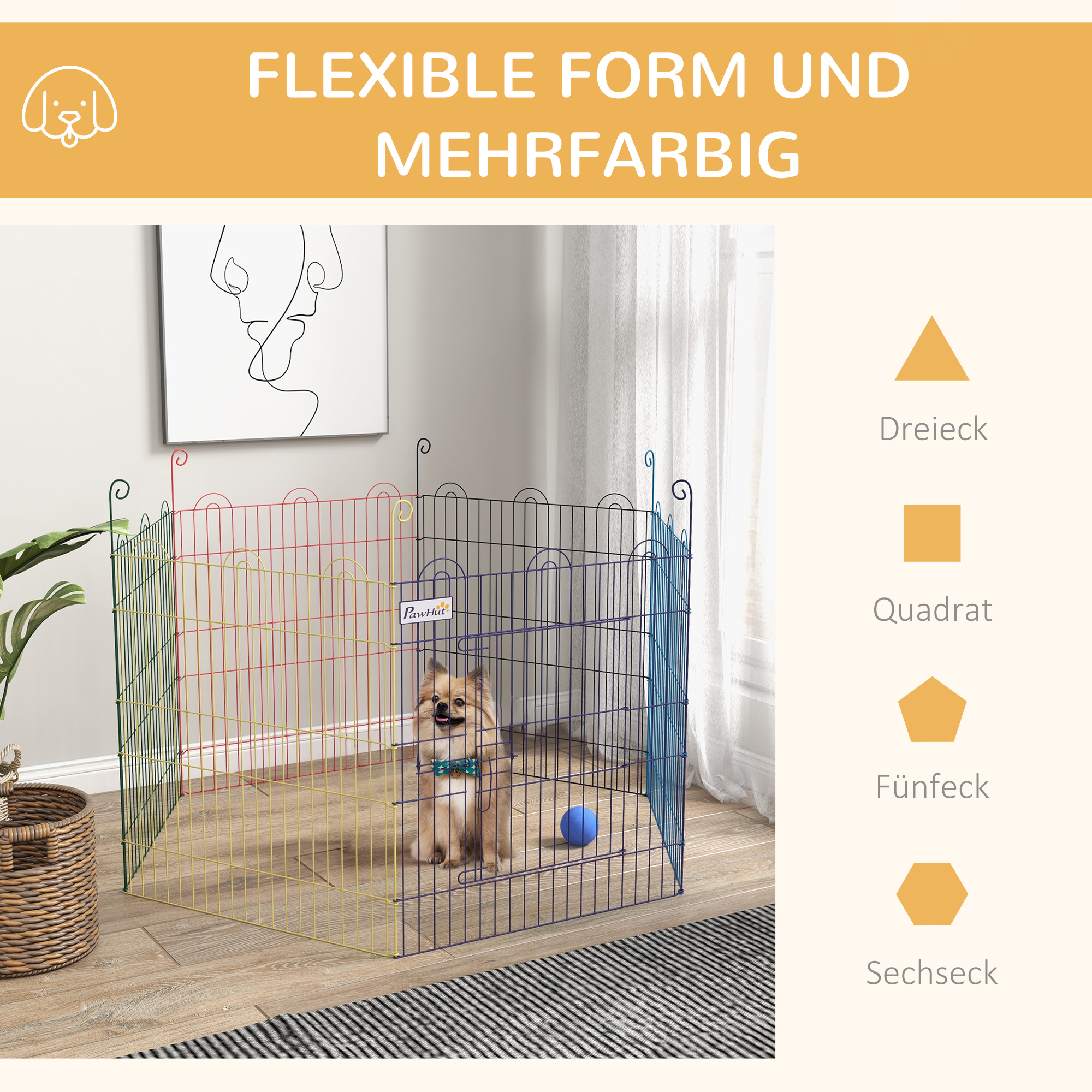 Freilaufgehege, Welpenauslauf, modulares Design, verriegelbar, Metall, Ø120x60H cm, Bunt