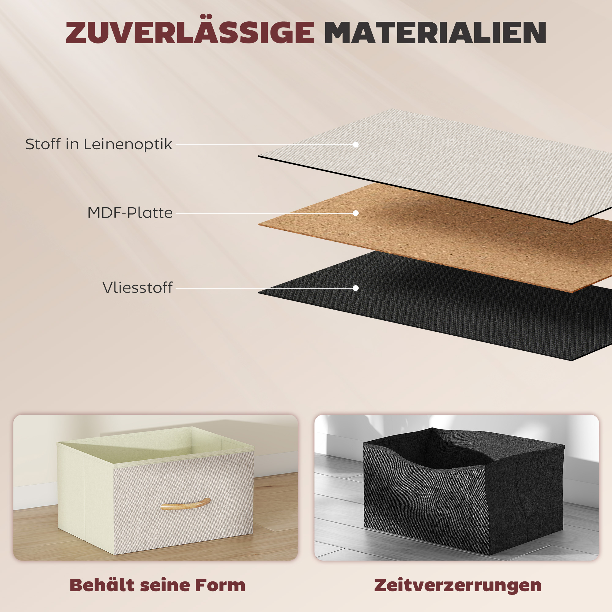 Schlafzimmer-Kommode mit 5 Stoffschubladen, Stahlstreben, Holzoberfläche, 4 Aufbewahrungstaschen, 2 Haken, Beige