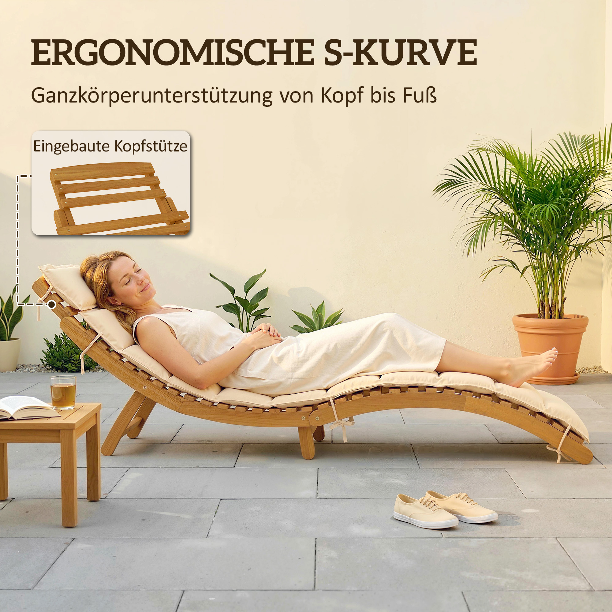 Sonnenliege klappbare wetterfeste Gartenliege aus Holz mit Polsterung Kopfstütze Tragegriff 183 x 54 x 63 cm, Beige