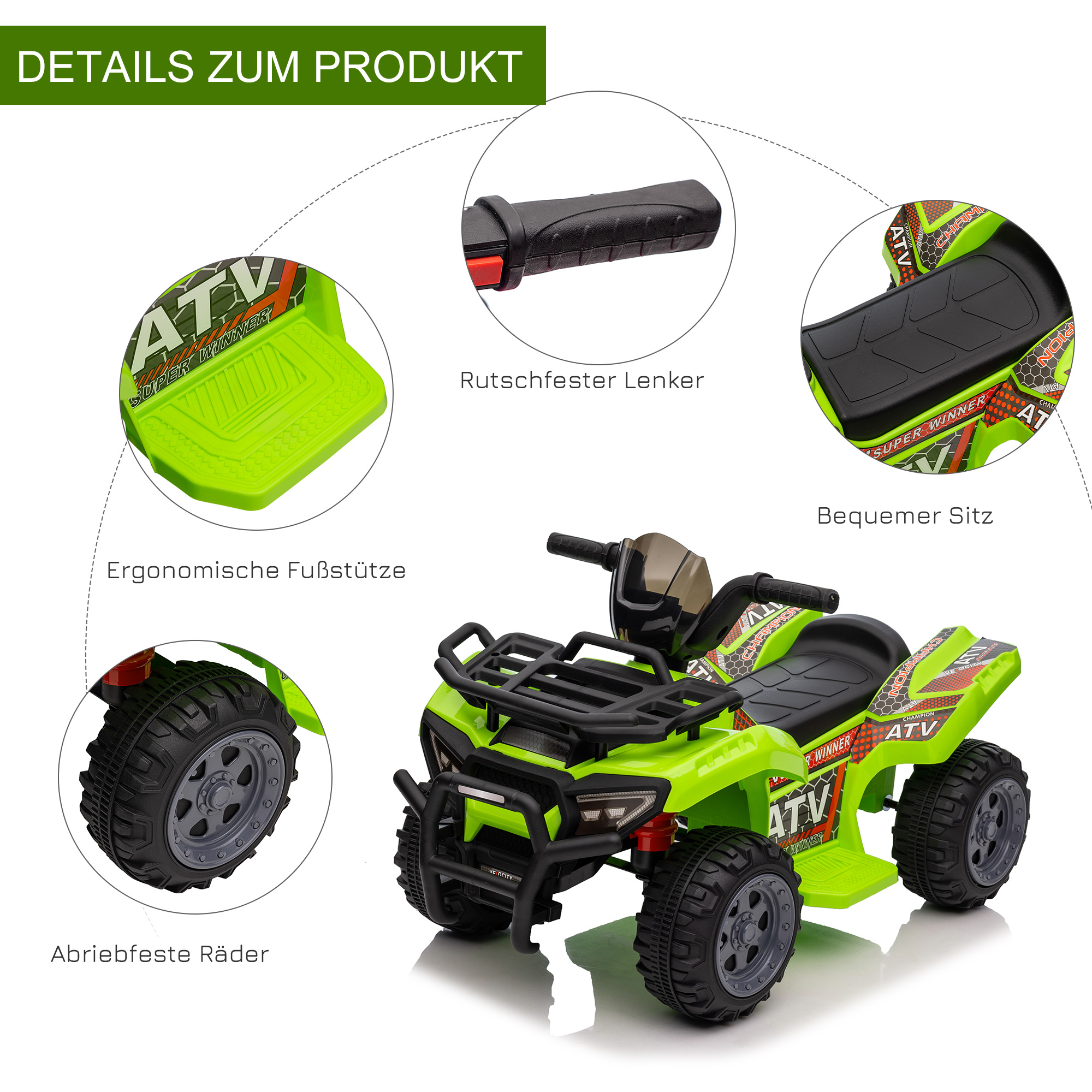 Kinder Quad Elektro 6V Kinderquad mit Vorwärtsfunktion, Musik, Elektro-Quad für Kinder 1,5-3 Jahre Grün