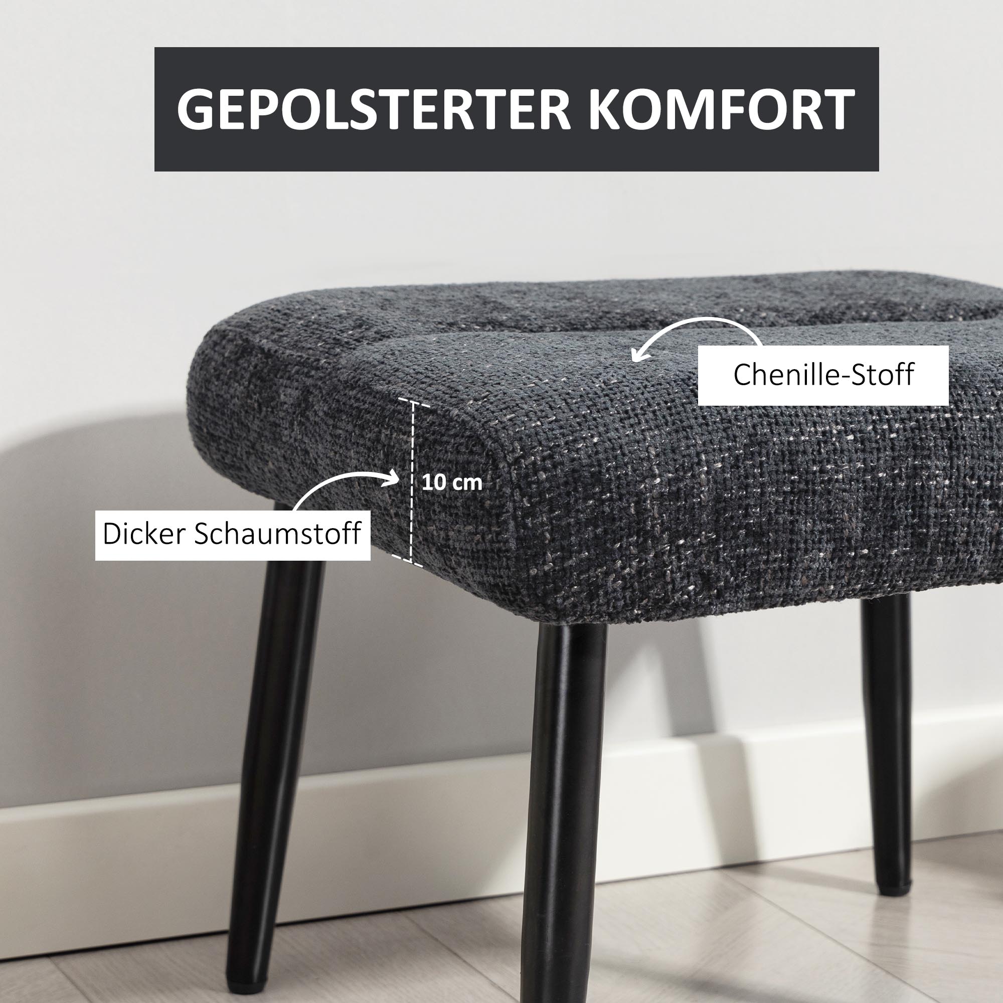 Sitzhocker Hocker mit weichem Sitzkissen Stahlbeinen Fußhocker mit Chenille-Stoff, 45 x 41 x 38 cm, Dunkelgrau