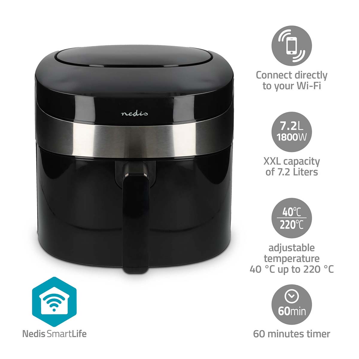 SmartLife Heißluftfritteuse | Wi-Fi | 7,2 l | Timer: 60 min | Anzahl voreingestellter Programme: 8 | Digital | Android? / IOS | schwarz SmartLife Heißluftfritteuse | Wi-Fi | 7,2 l | Timer: 60 min | Anzahl voreingestellter Programme: 8 | Digital | Android? / IOS | schwarz