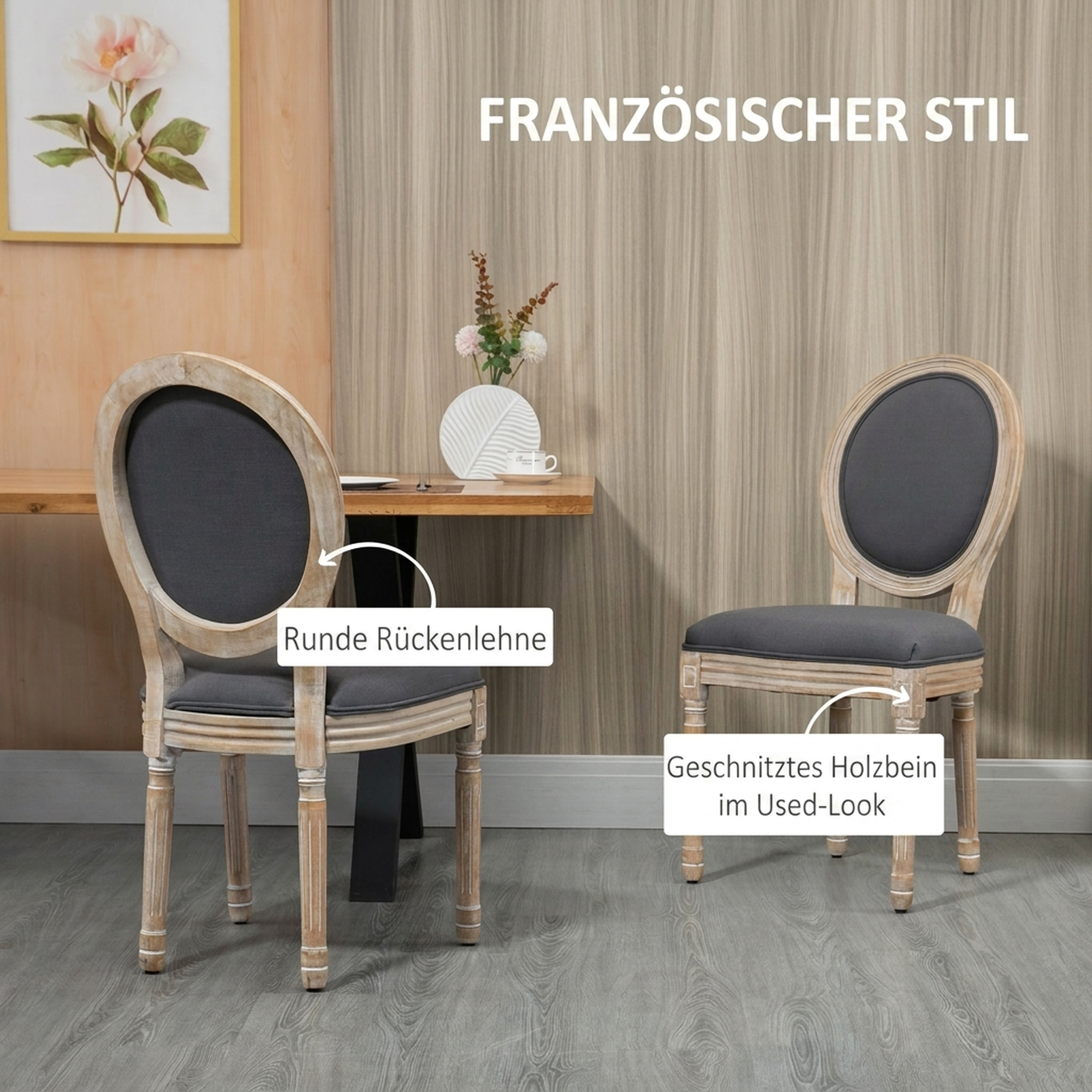 Esszimmerstühle 2er Set Küchenstuhl mit Rückenlehne, Leinenoptik für Esstisch, Grau+Natur