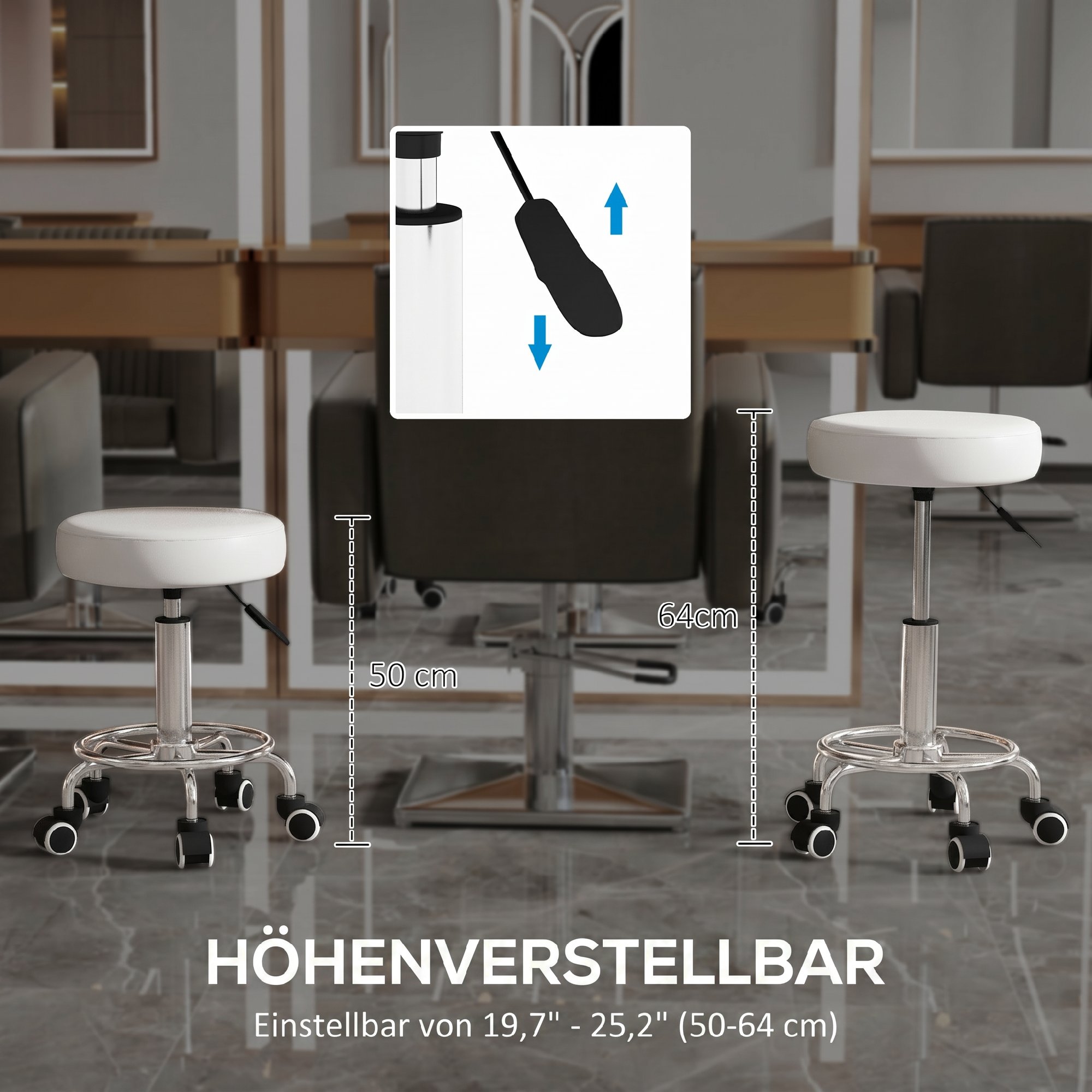 Salonhocker, höhenverstellbar, Kunstleder, bis 110 kg, Ø42x50-64H cm, Weiß