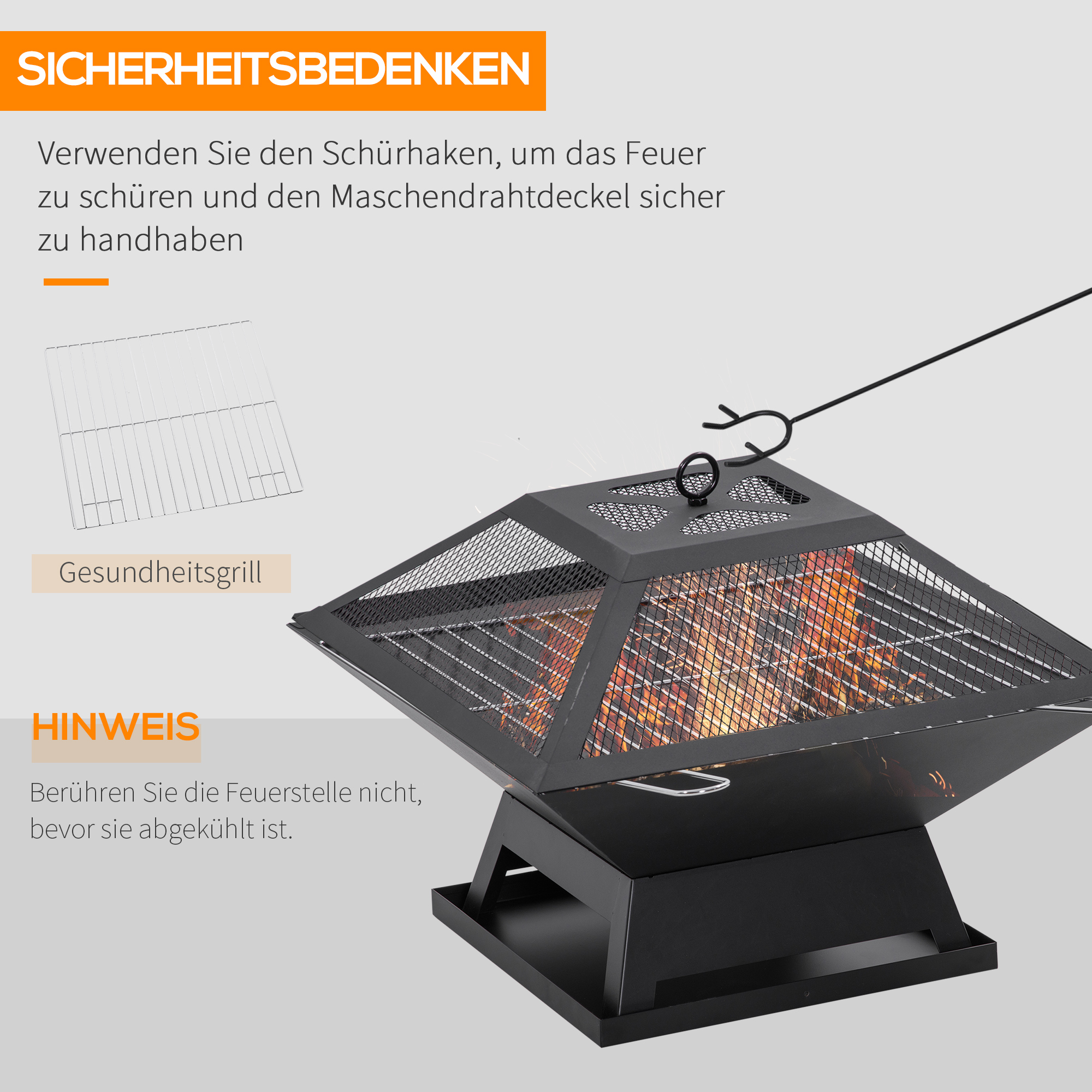 Feuerschale 45 x 45 x 34cm aus Edelstahl Feuerstelle mit Funkenschutz Schürhaken Feuerschalen Feuerkorb für Garten, Balkon, BBQ Camping Schwarz