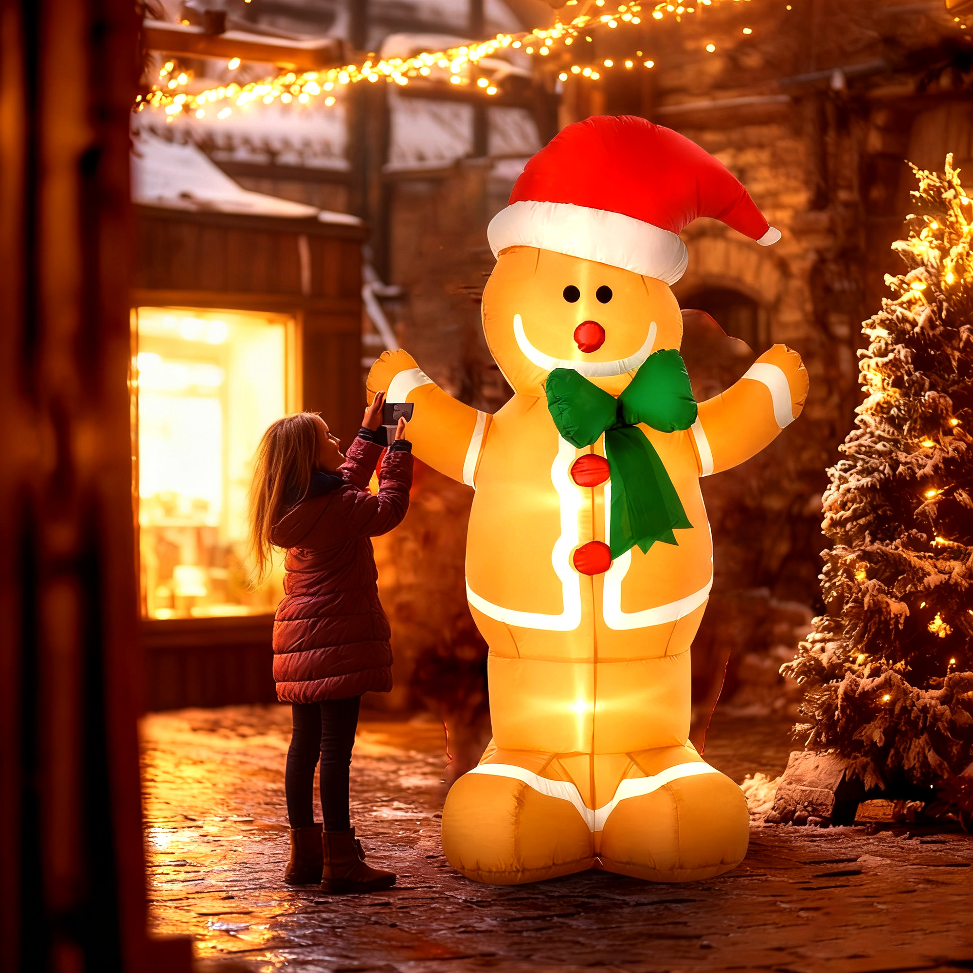 Aufblasbare Weihnachtsdeko 1,83 m Lebkuchenmann mit Schleife, 3 LEDs, internes Gebläse Gartendeko