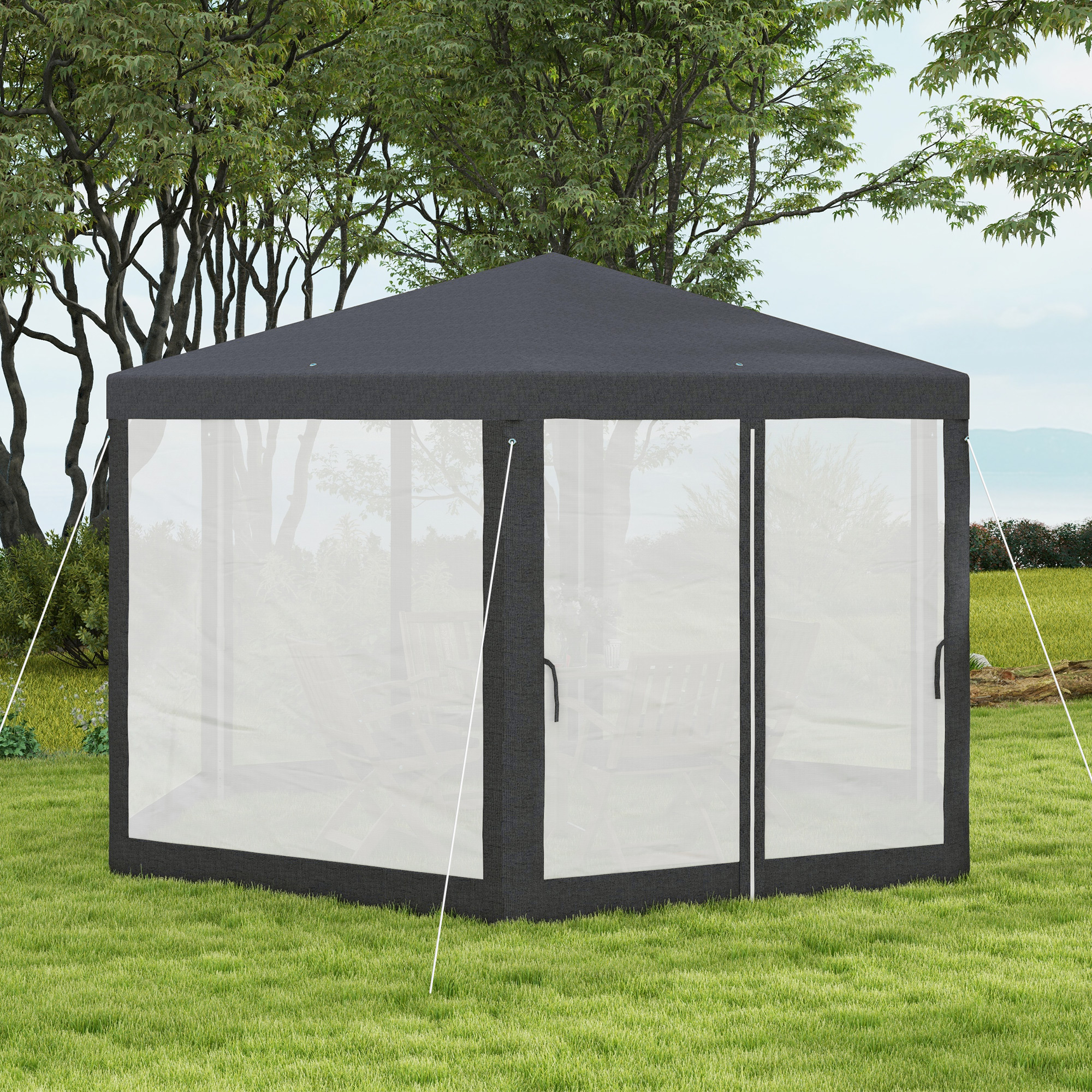 Gartenpavillon, 6-eckig, Netzvorhänge, Metallgestell, 3,94x3,412x2,5m, Dunkelgrau