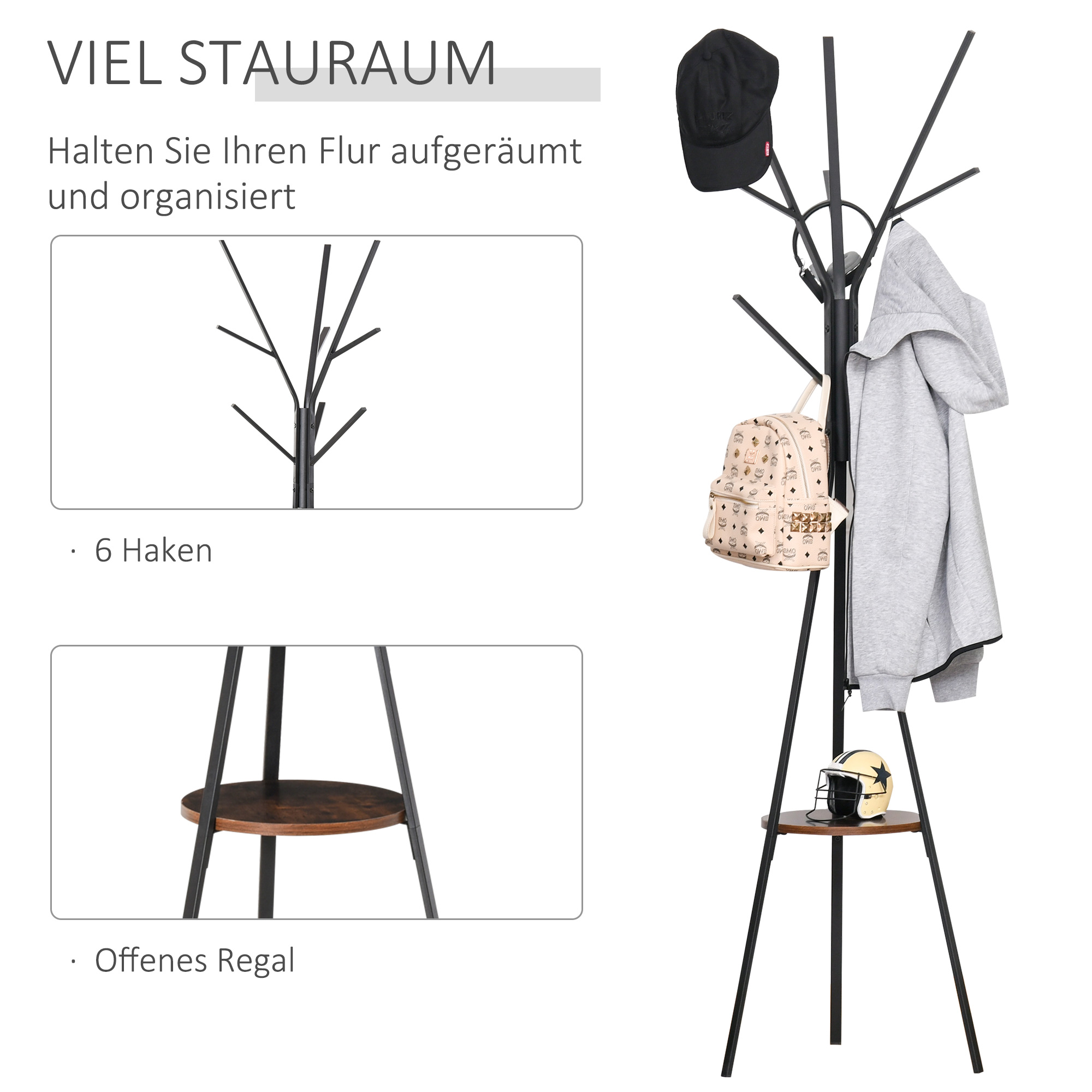 Garderobenständer im Skandidesign, Kleiderständer, 7 Kleiderhaken, Schwarz + Braun