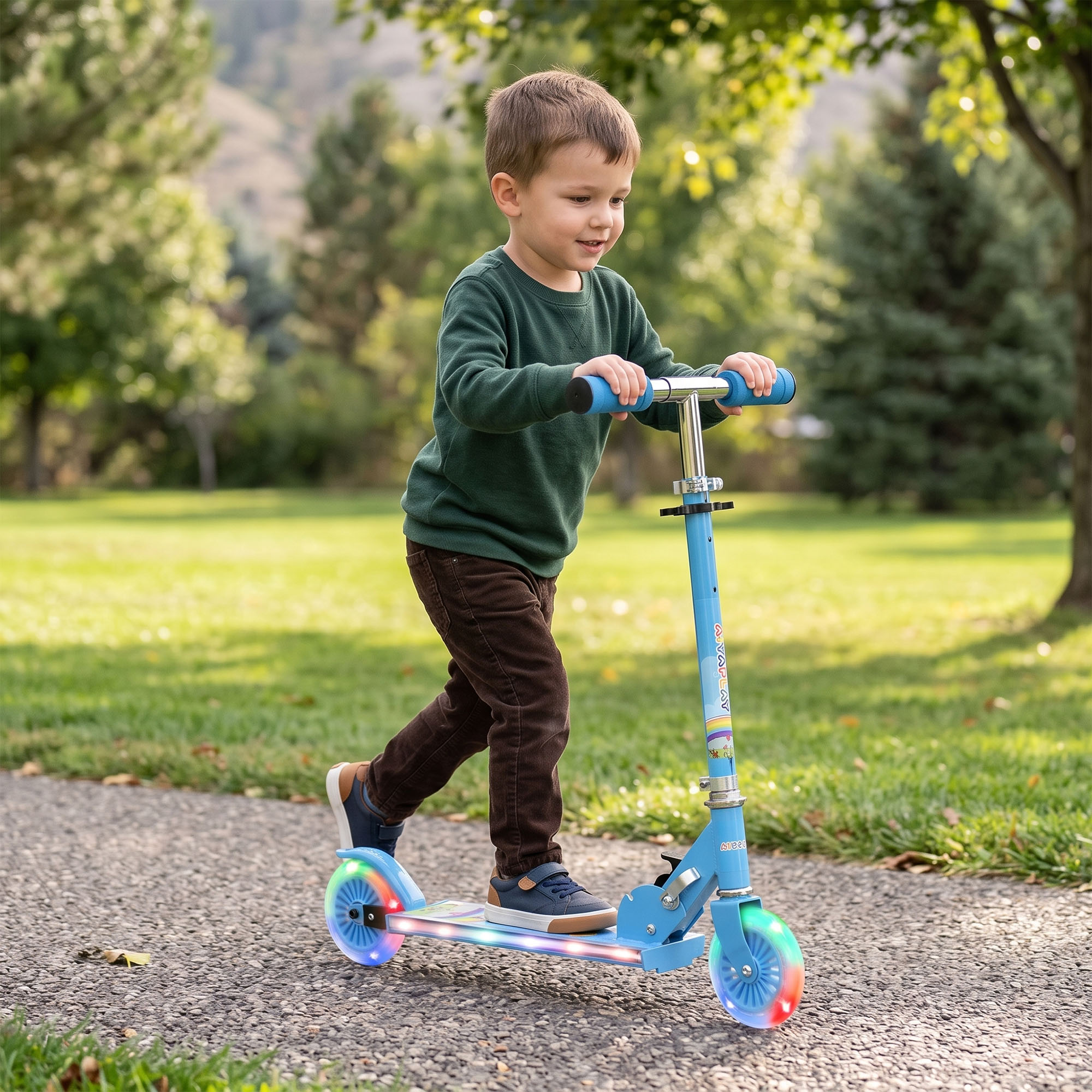 Roller Kinder Scooter mit LED Rädern 124 mm Rollen klappbarer Höhenverstellbar mit Musik Hinterradbremse Blau