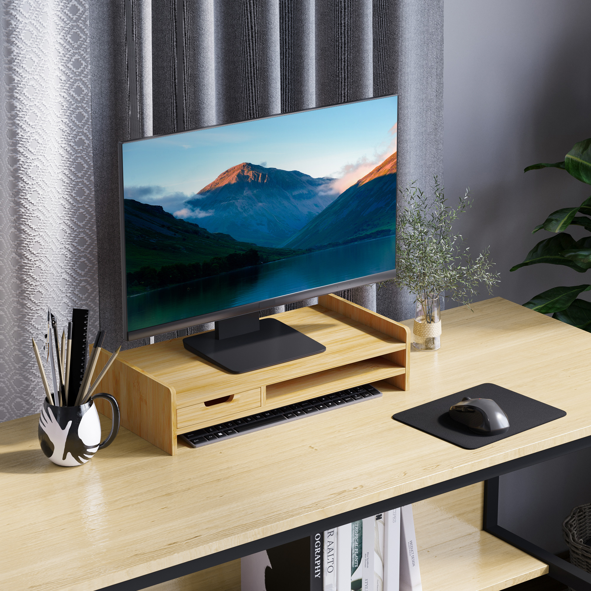 Monitorständer mit Schublade Bildschirmerhöhung Monitor Ständer Bildschirmständer für PC Notebook Drucker 49 x 25,5 x 11,5 cm Natur